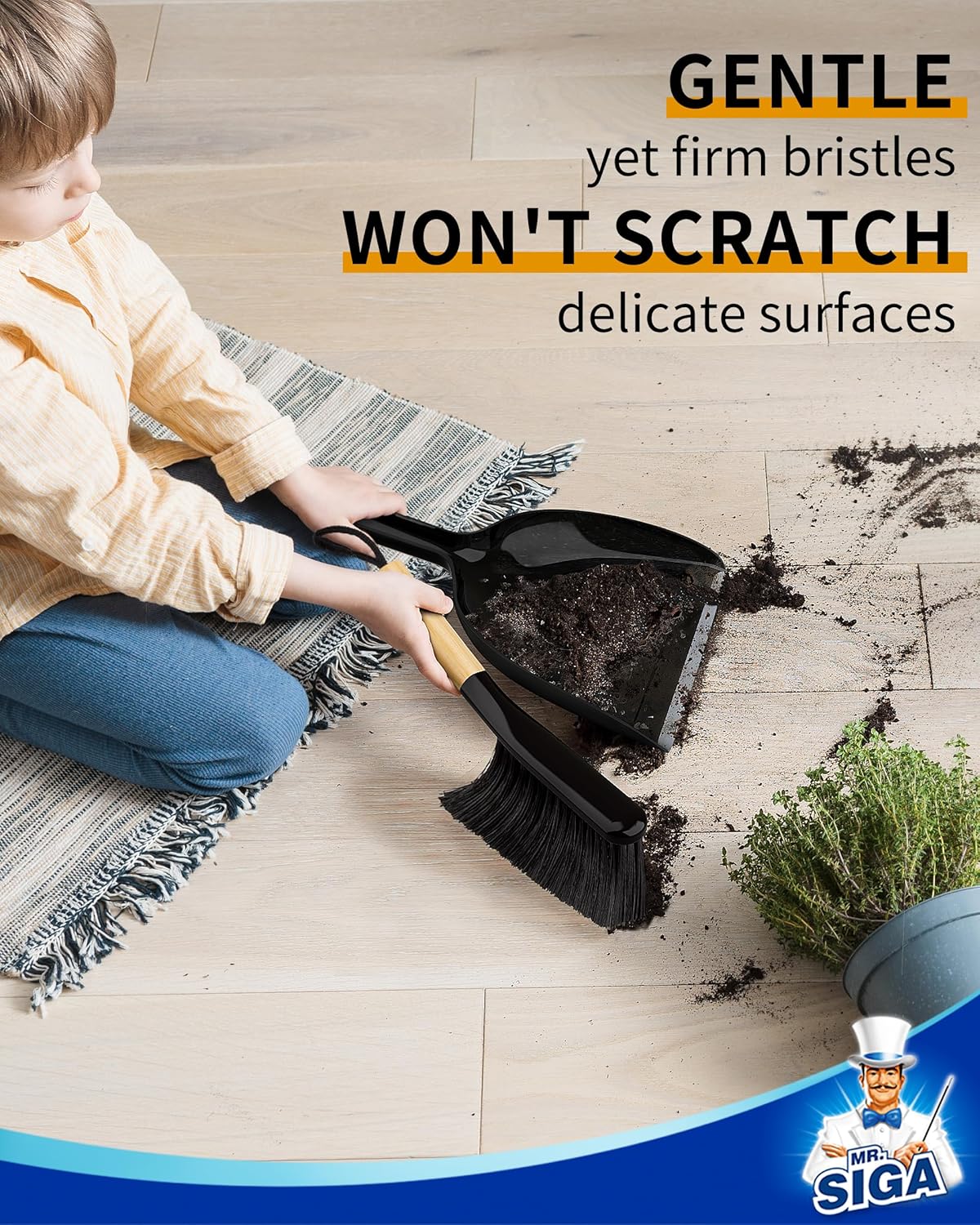 MR.SIGA Dustpan and Brush Set, Portable Cleaning Brush and Dustpan Combo with Bamboo Handle, Black