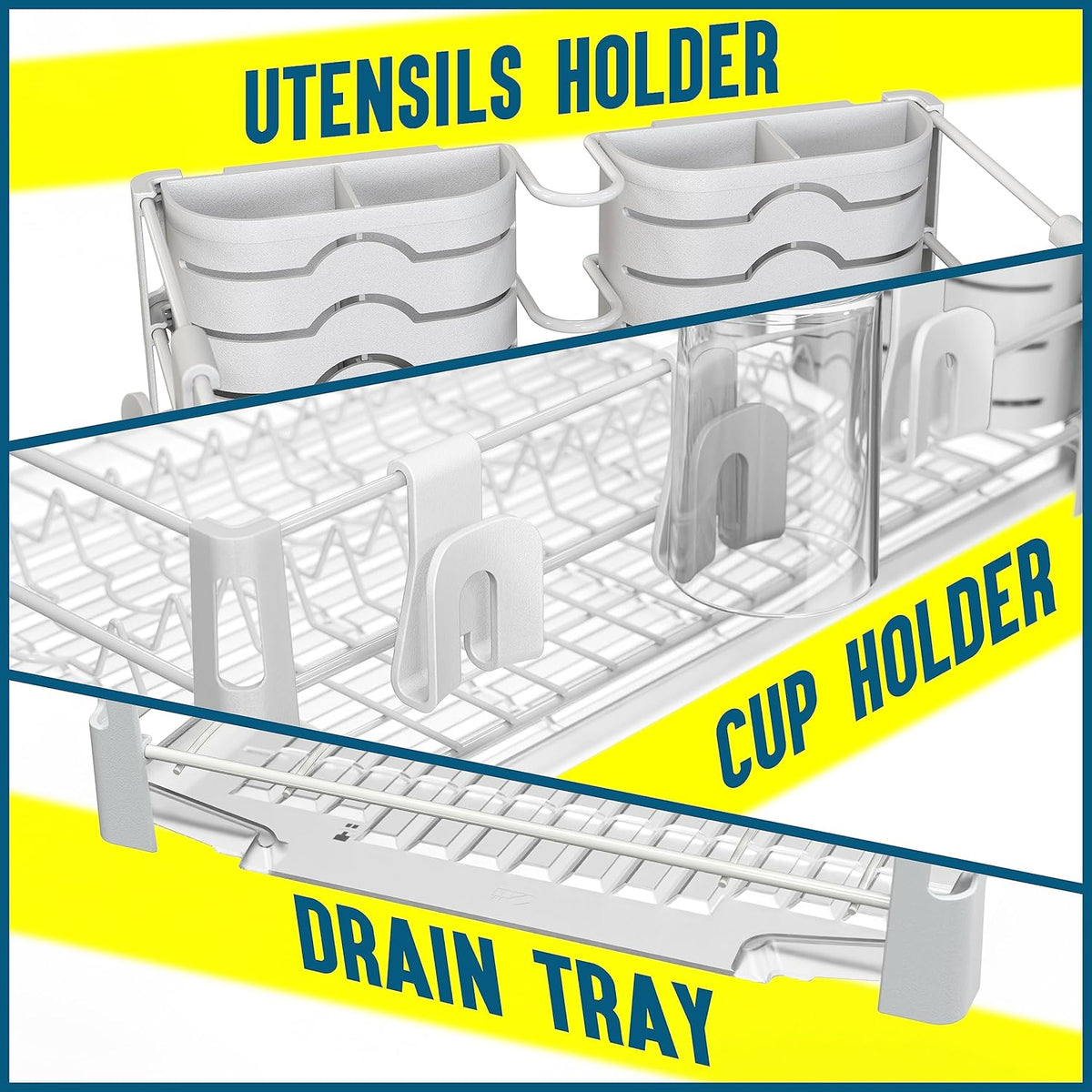 SIMPLE HOUSEWARE White Dish Drying Rack with Drainboard, Utensil Holder & Mug Hooks – Metal Kitchen
