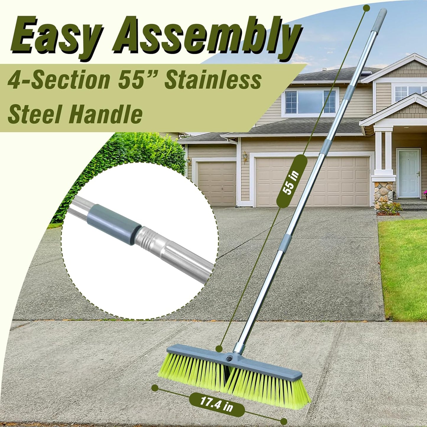 PHYEX Upgraded 18" Push Broom with Adjustable Long Handle, Total Length is 55", Multi-Surface Floor