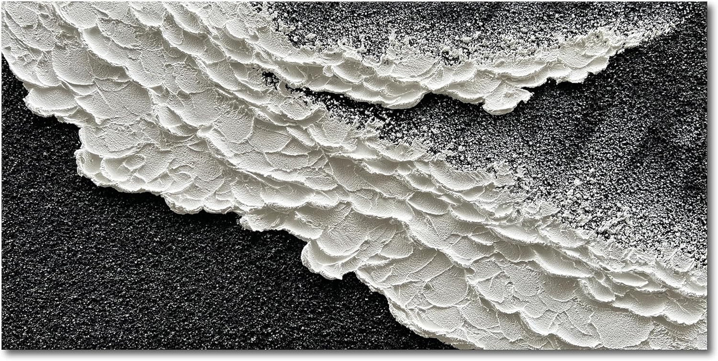 NANKAI 24x48 Inch Hand Painted 3D Ocean Wave Landscape Oil Painting Black and White Abstract Canvas