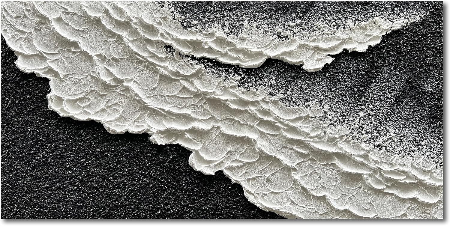 NANKAI 24x48 Inch Hand Painted 3D Ocean Wave Landscape Oil Painting Black and White Abstract Canvas