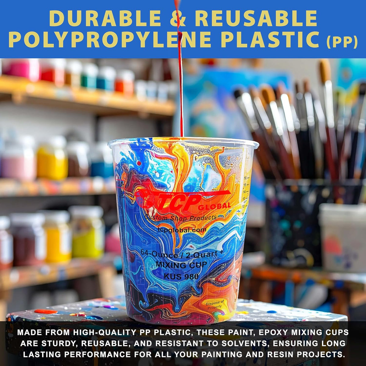 Custom Shop Paint Mixing Cups, 64-Ounce (Box of 100) - Plastic Measuring Cups for Liquids