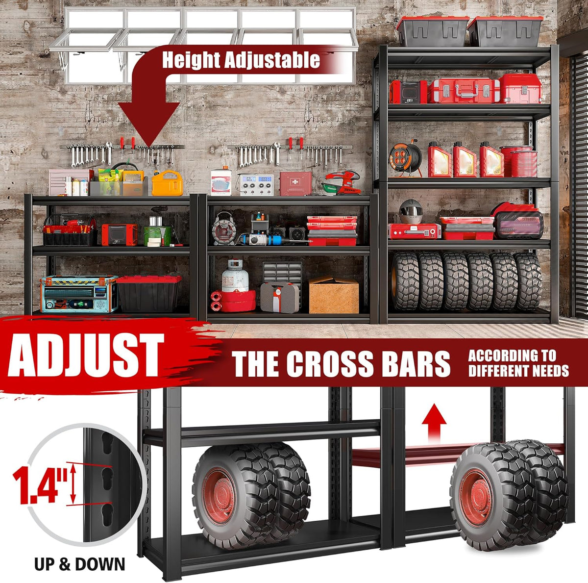 Raybee Storage Shelves 2000LBS Garage Shelving Heavy Duty, 5-Tier Adjustable Garage Shelves, Metal