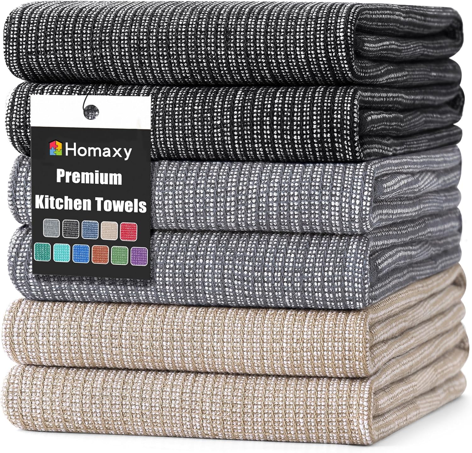 Homaxy Premium Kitchen Towels(18”x 28”, 6 Pack), Large Cotton Kitchen Hand Towels, Flat and Terry