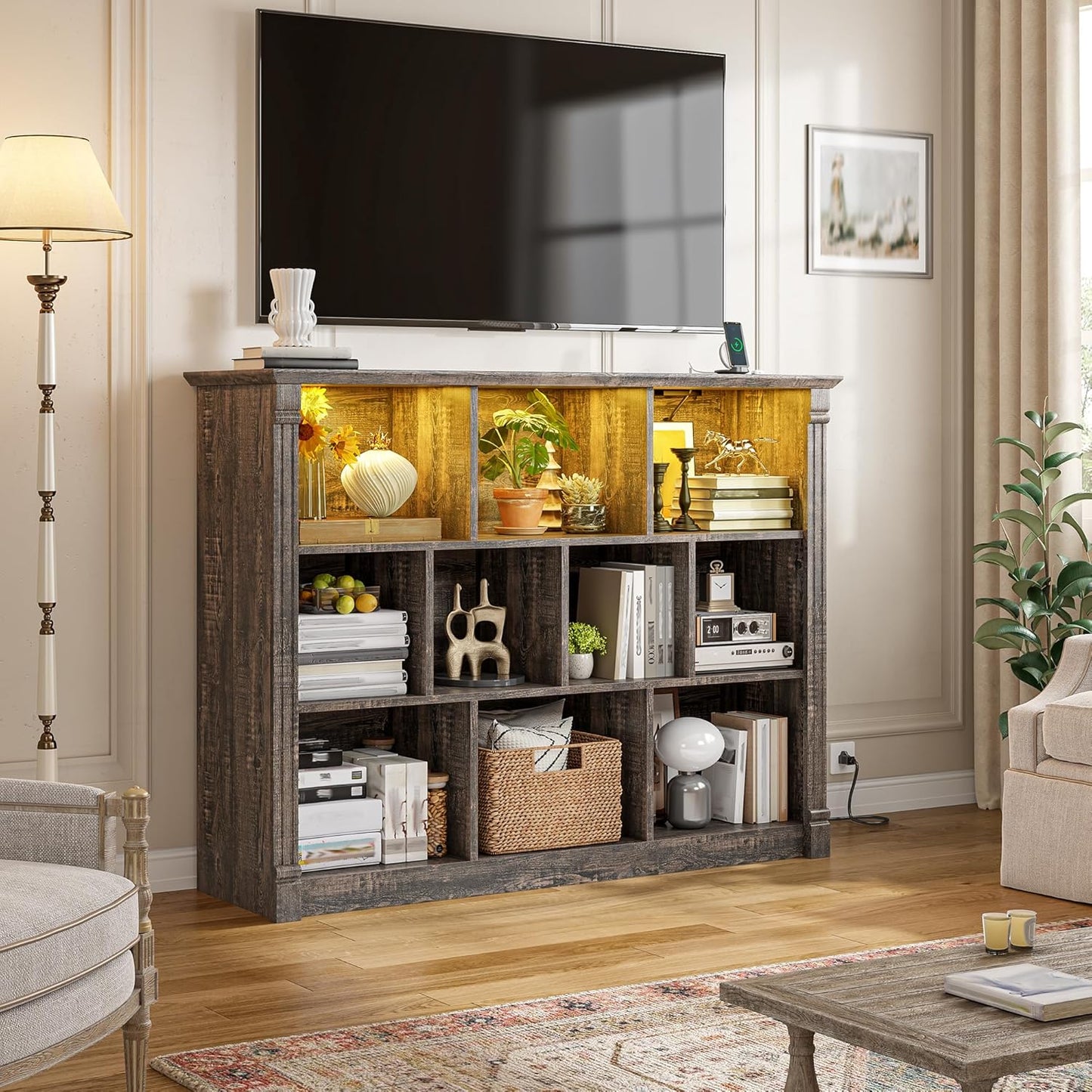 EnHomee 10 Cube Storage Organizer with LED Light and Charging Station Wood Cube Shelf Display