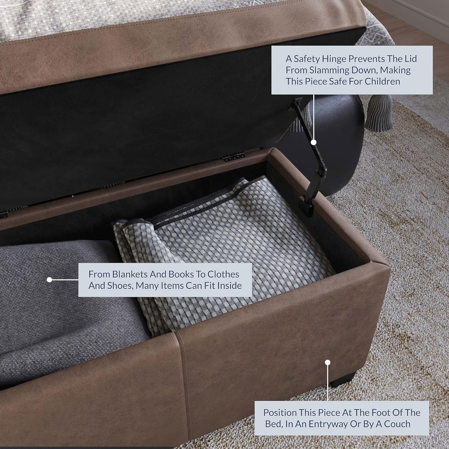 BELLEZE Storage Faux Leather Ottoman, 47 Inch Bench Bedroom Bench with Safety Close Hinge, Extra