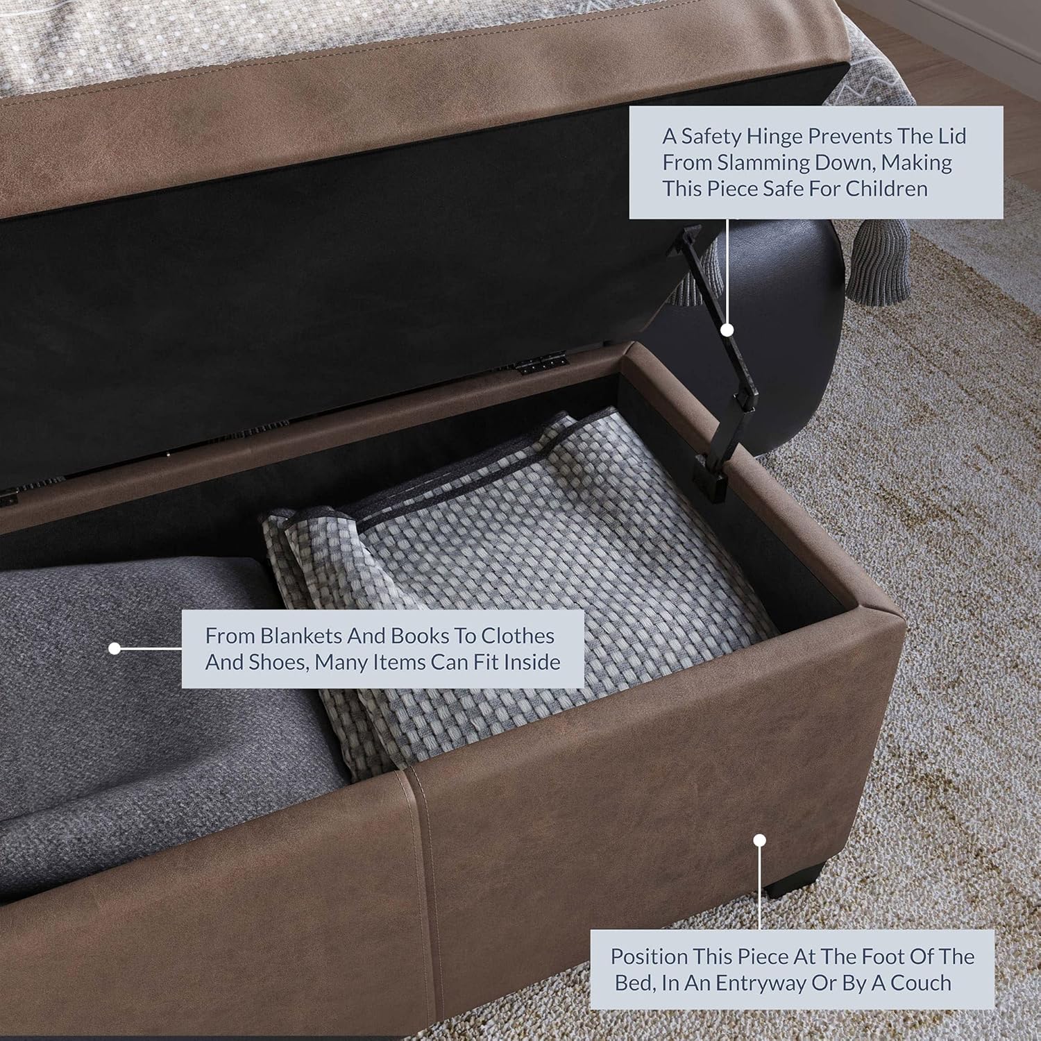 BELLEZE Storage Faux Leather Ottoman, 47 Inch Bench Bedroom Bench with Safety Close Hinge, Extra