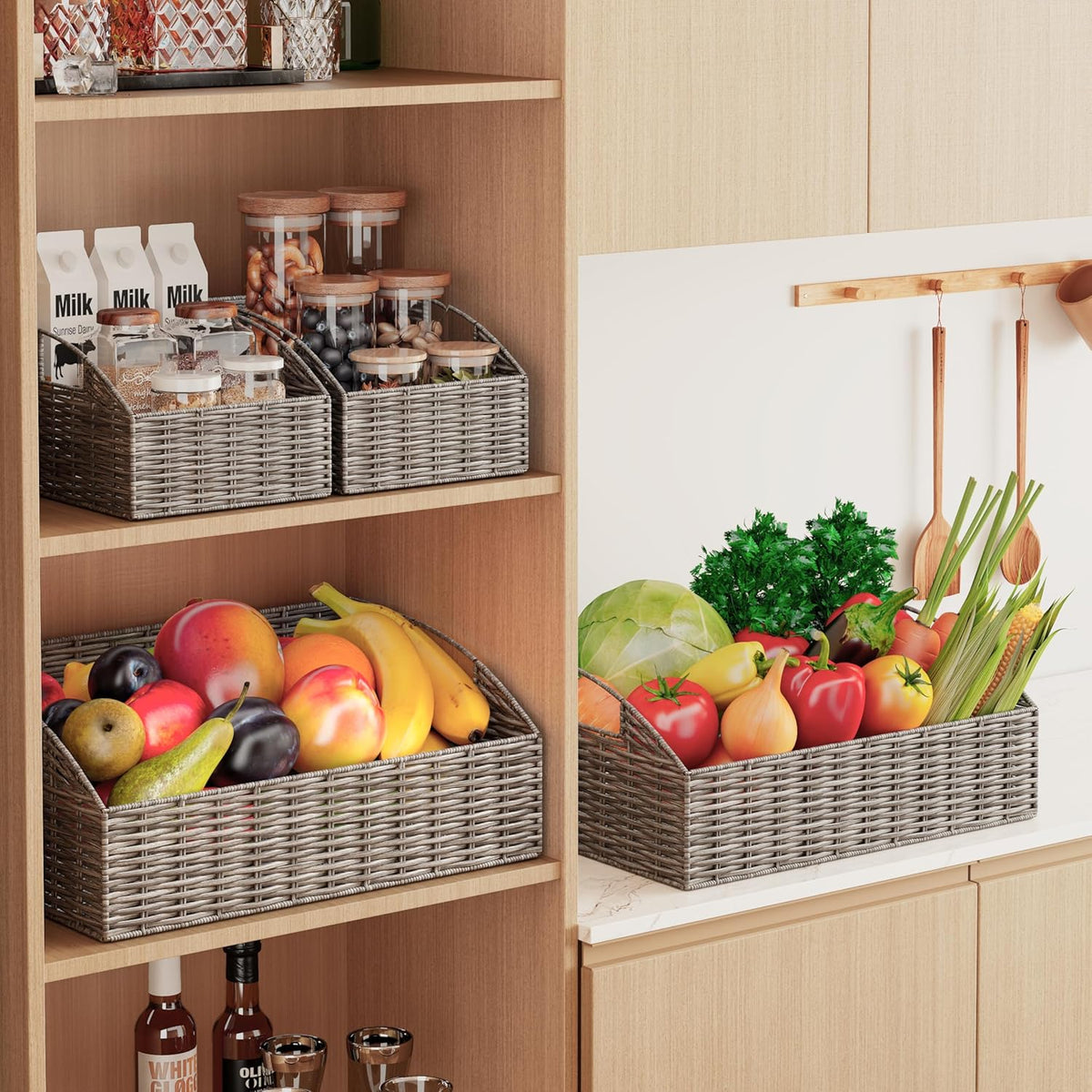 Ollieroo Rattan Storage Baskets, Handwoven Wicker Storage Bins with Built-in Handles, Storage