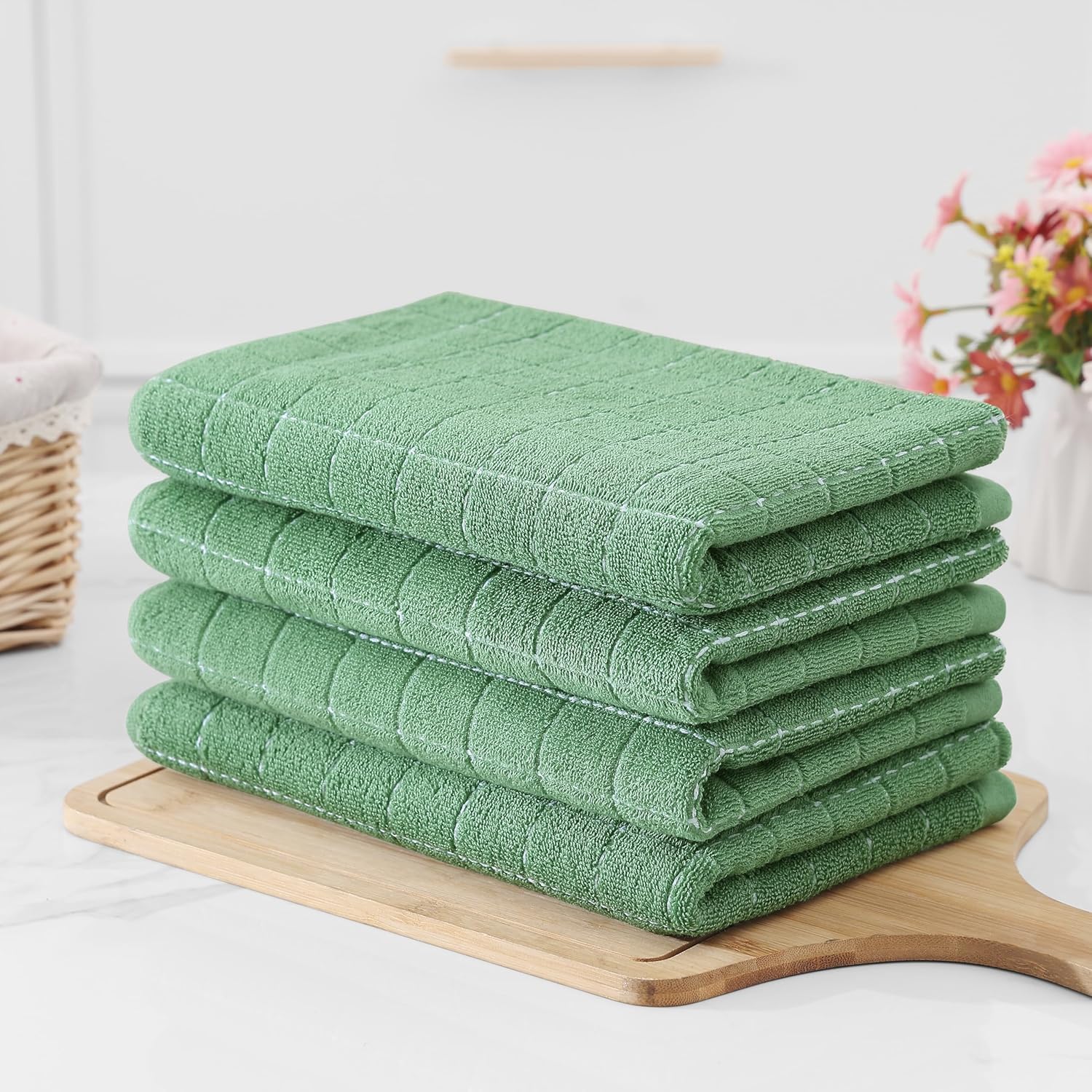 Homaxy 100% Cotton Terry Kitchen Towels(Grass Green, 20 x 28 inches), Checkered Designed, Soft and