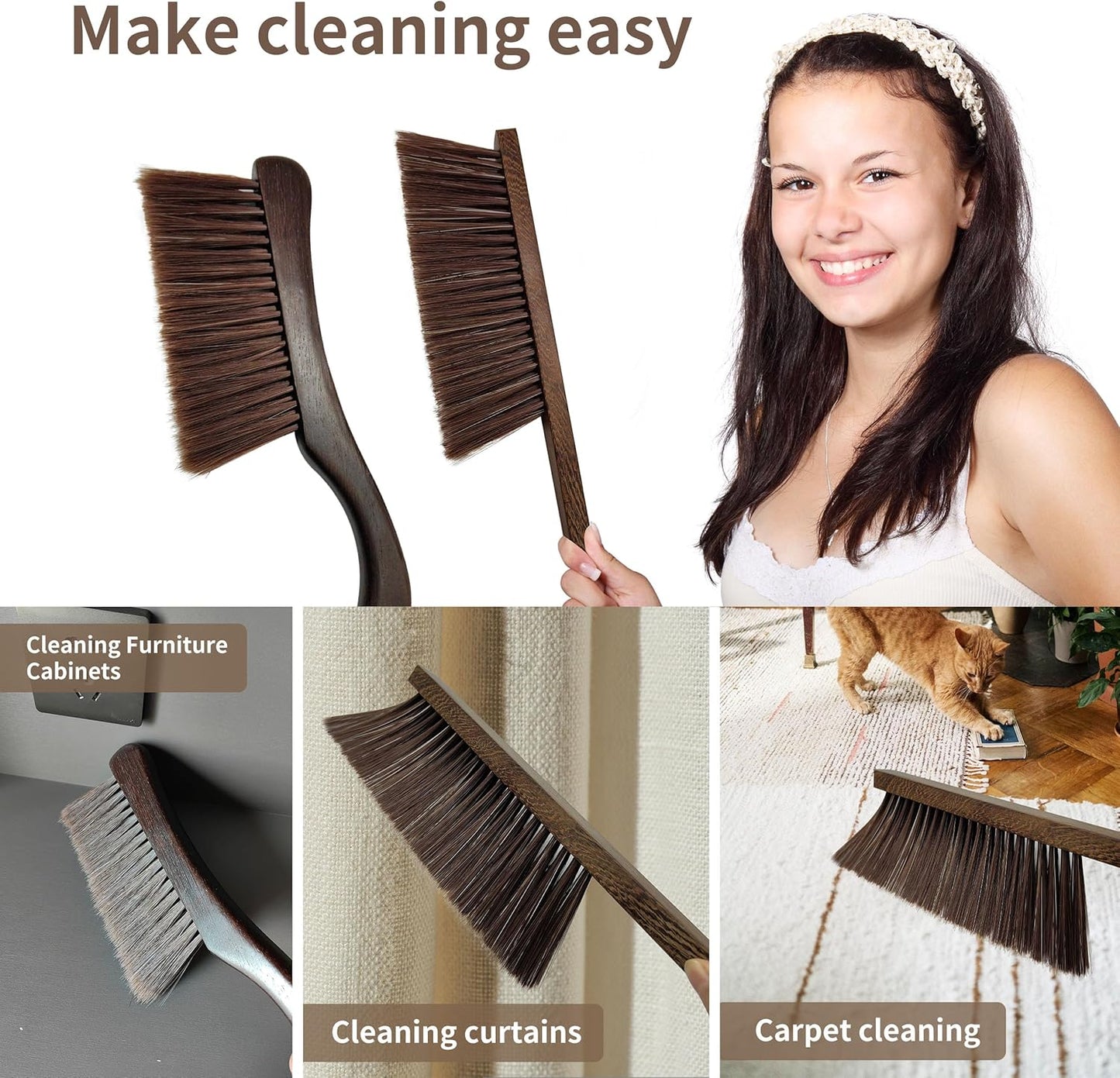 2 Pcs Wooden Hand Broom Brush, Dust Bench Brush Whisk Broom Soft Bristle Brush for Car Bed
