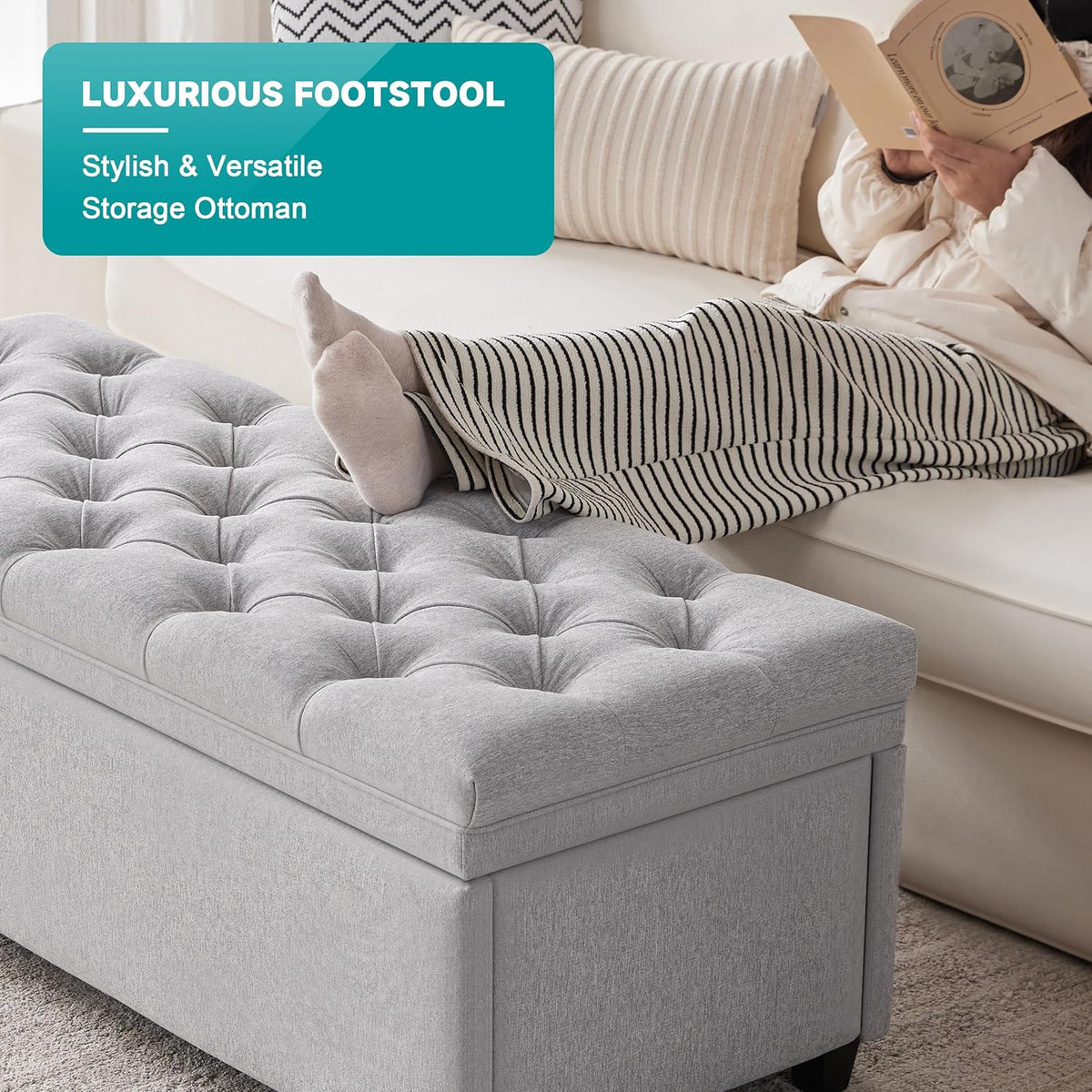 50" Storage Ottoman Bench, Tufted Ottoman with Storage for Living Room, Large End of Bed Ottomans