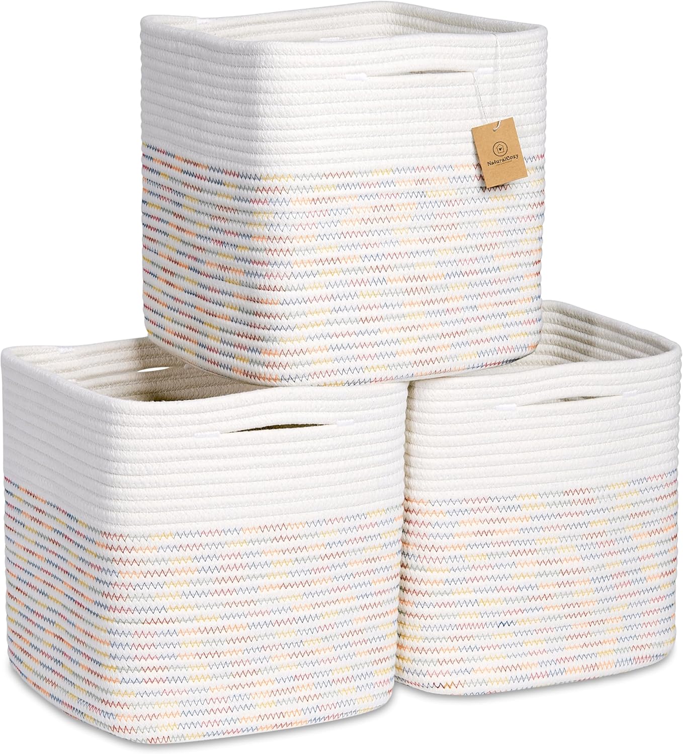 NaturalCozy Storage Cubes 11 Inch Cotton Rope Woven Baskets for Organizing, 3-Pack | Cube Storage