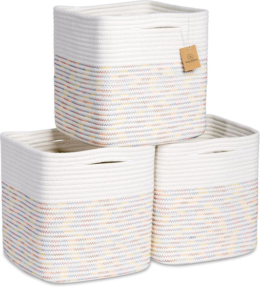 NaturalCozy Storage Cubes 11 Inch Cotton Rope Woven Baskets for Organizing, 3-Pack | Cube Storage
