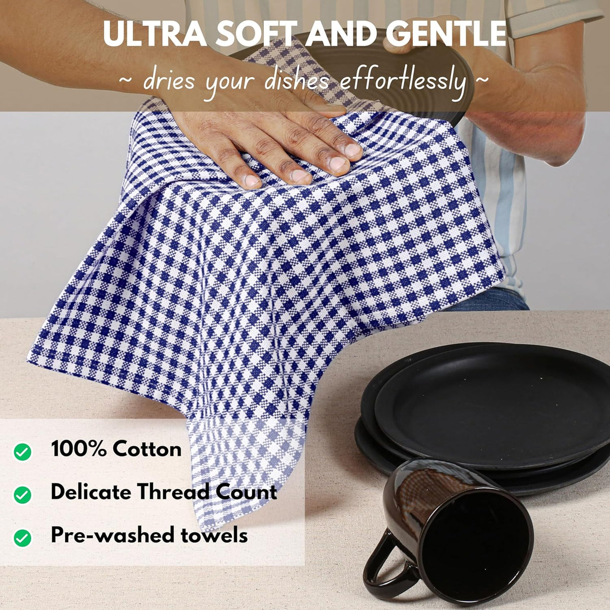 Native Fab 6 Pack Gingham Mini Check Kitchen Hand Towels Set 16"x26" - 100% Cotton Absorbent