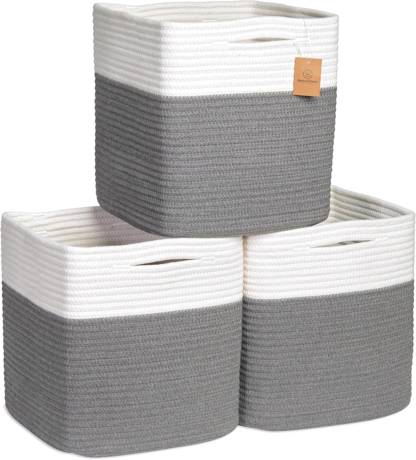NaturalCozy Storage Cubes 11 Inch Cotton Rope Woven Baskets for Organizing, 3-Pack | Cube Storage