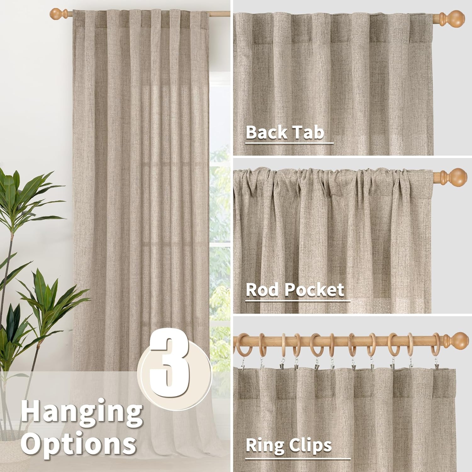 YoungsTex Dark Oatmeal Linen Curtains 78 Inch Length for Living Room, Semi Sheer Window Drapes