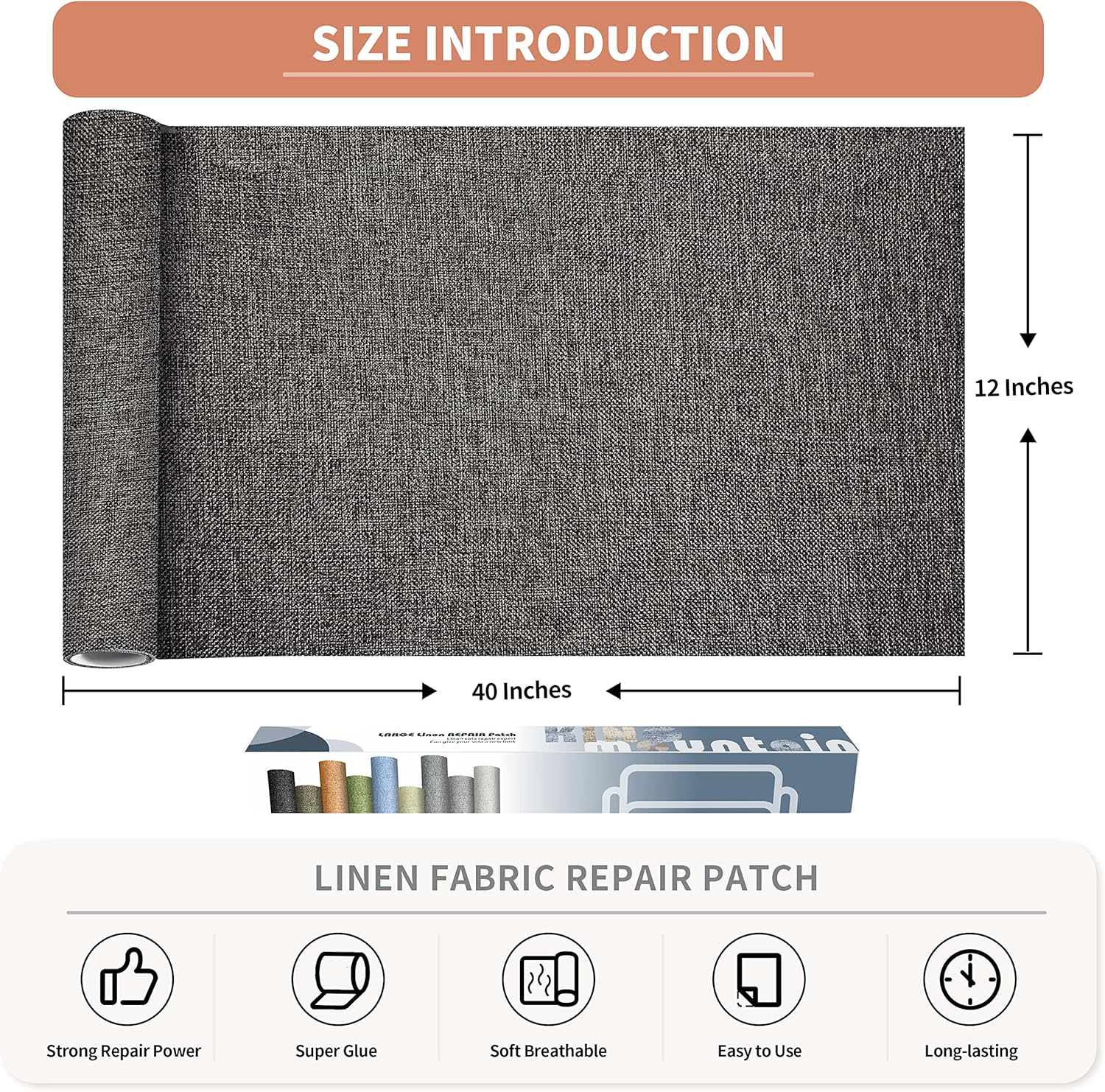 KING MOUNTAIN Coarse Linen Repair Patches, Self-Adhesive, 12x40 Inch, Dark Grey, Polyester
