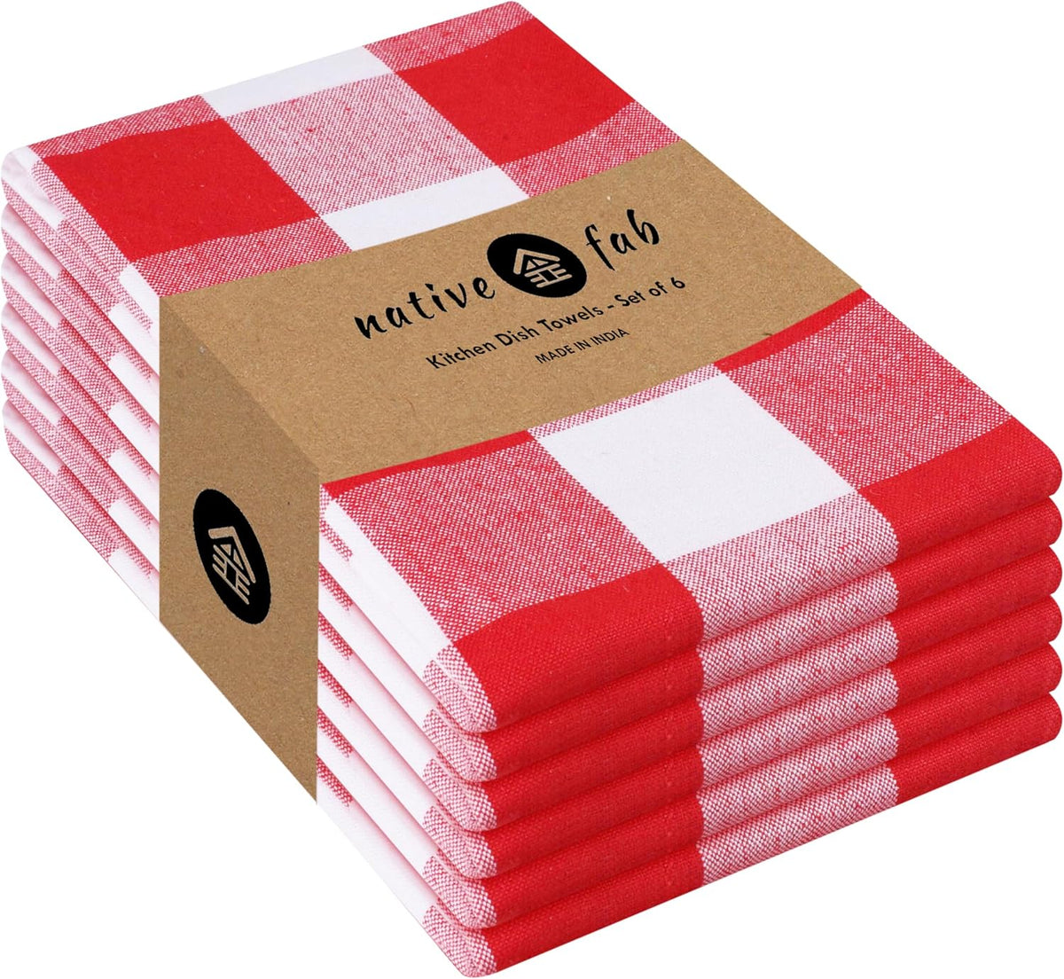 Native Fab 6-Pack Kitchen Towel with Hanging Loop 16x26 inches, Cotton Buffalo Check Kitchen Towels