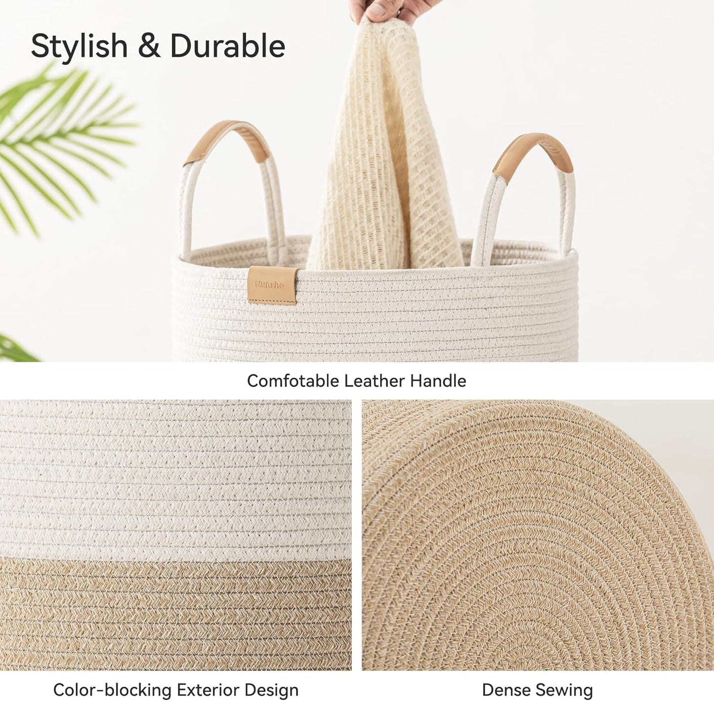 95L Striped Laundry Hamper with Leather Handles,Large Foldable Laundry Basket for Clothes,Cotton