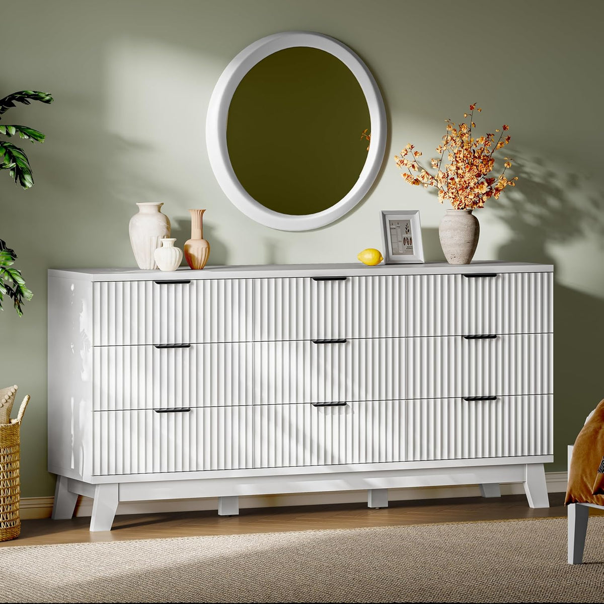 Fluted Dresser with 9 Drawers, 63" Wide Modern Chest of Drawers with Metal Handle, Wooden Dresser
