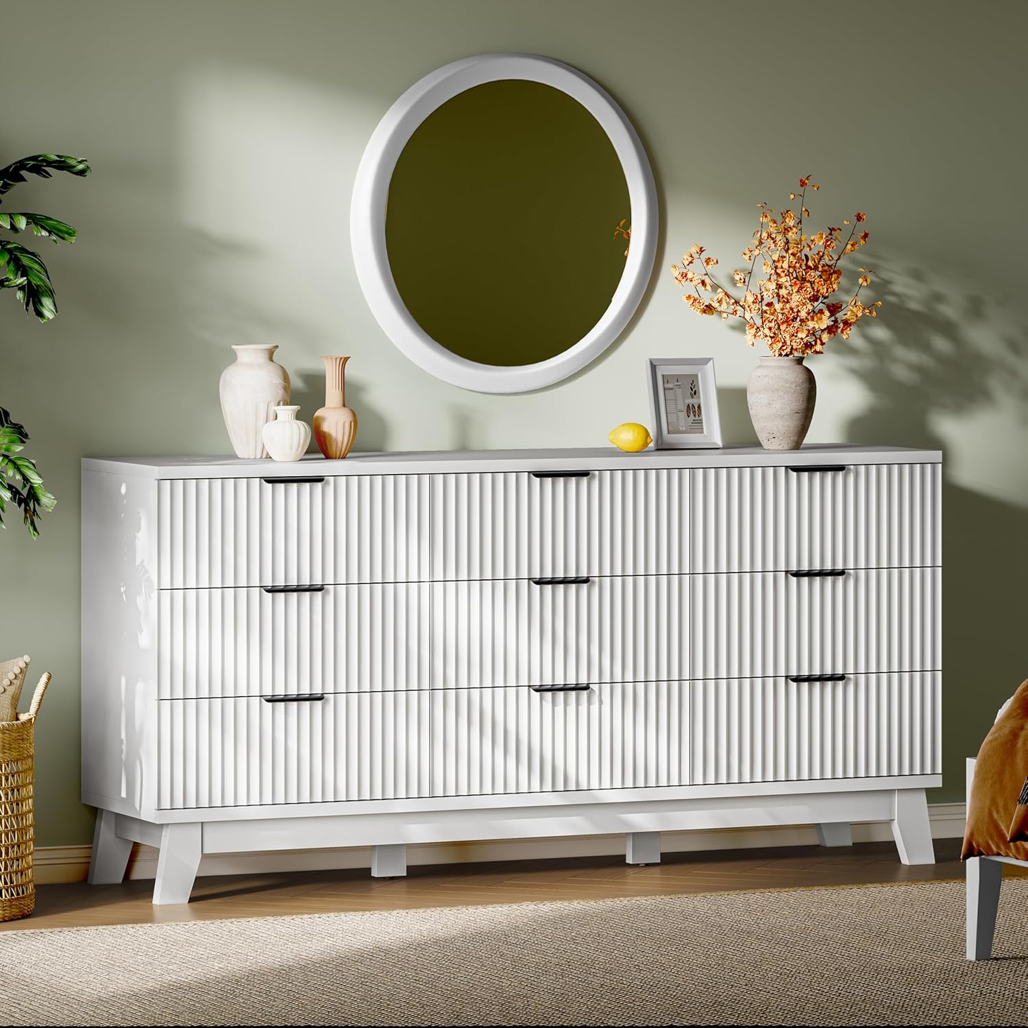 Fluted Dresser with 9 Drawers, 63" Wide Modern Chest of Drawers with Metal Handle, Wooden Dresser