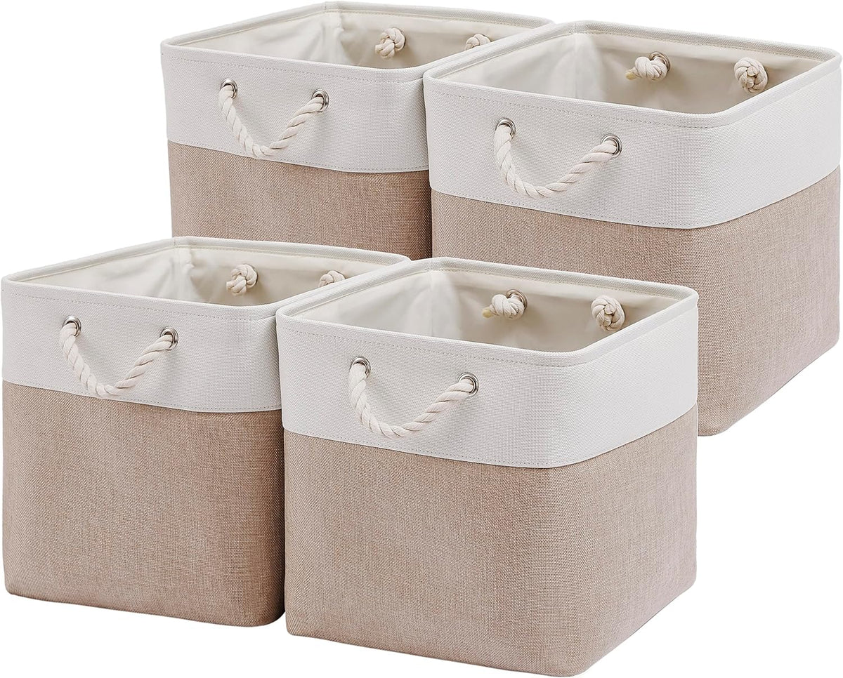 13 x 13 Inch Cube Storage Bins, 4 Pack Large Collapsible Fabric Storage Bin with Ropes, Foldable