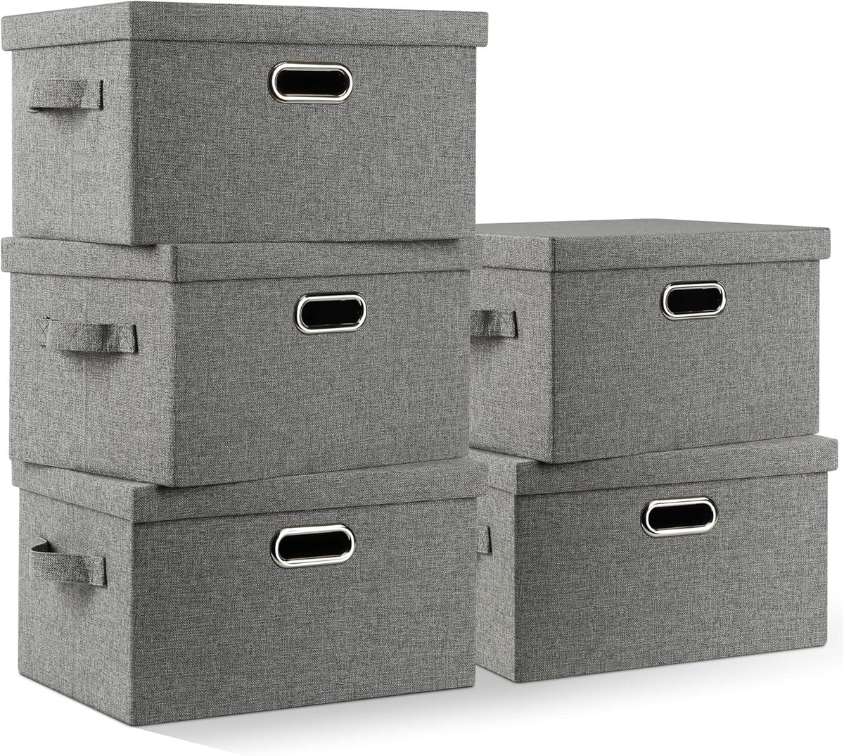 Medium 15" 21 Quart Collapsible Stackable Storage Bins with Lids, 5 Packs Grey Foldable Fabric