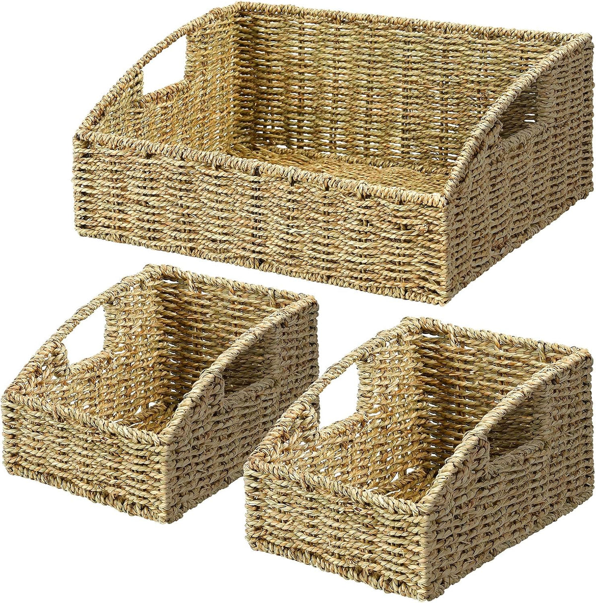 Ollieroo Natural Seagrass Storage Baskets, Handwoven Wicker Storage Bins with Built-in Handles