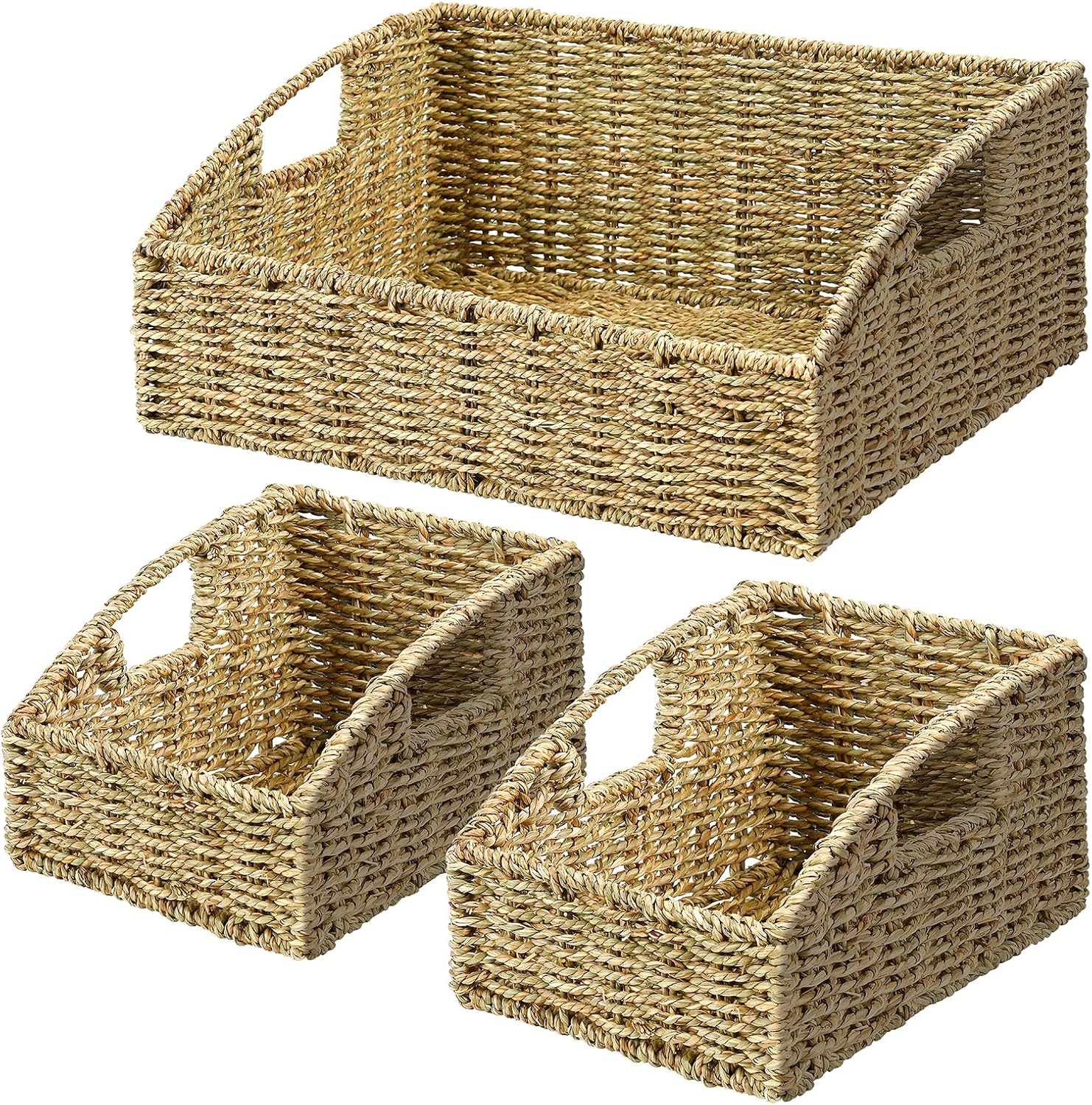 Ollieroo Natural Seagrass Storage Baskets, Handwoven Wicker Storage Bins with Built-in Handles