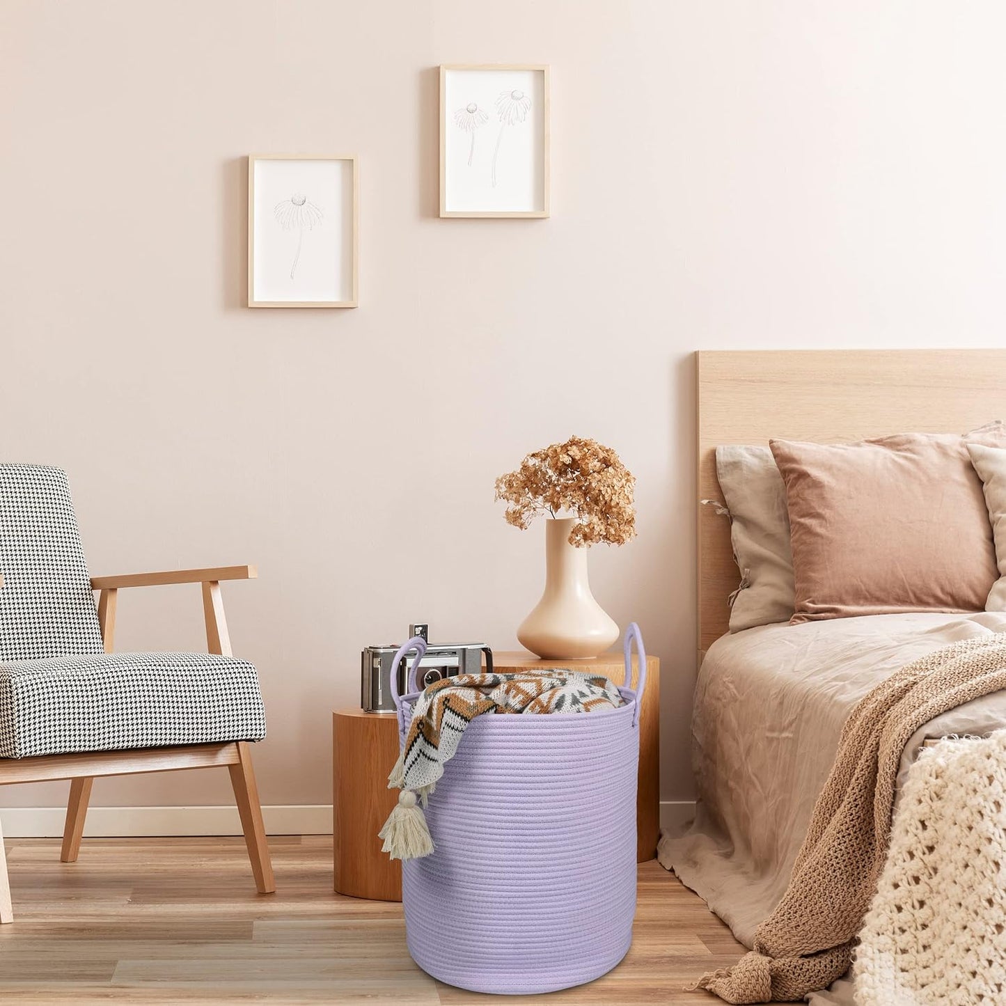 Rope Laundry Basket Hamper for Clothes Woven Storage Basket for Living Room Bedroom Boho Tall Rope