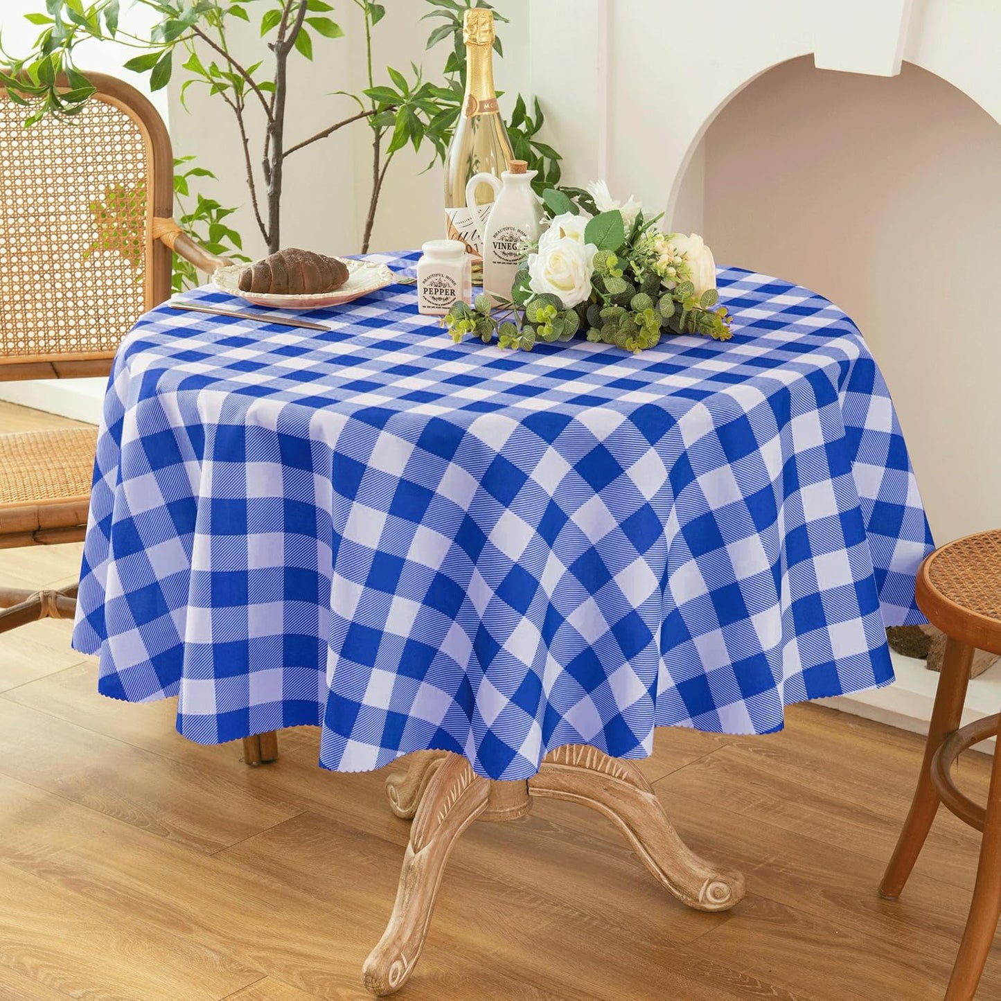 Waterproof Plaid Tablecloth Fabric - Round 70 Inch Classic Gingham Checker Table Cloth for