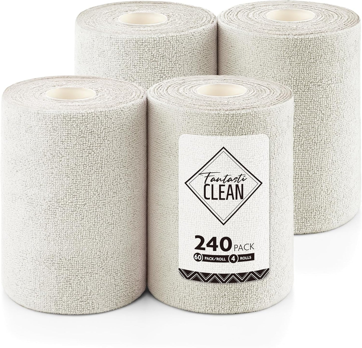 Fantasticlean Microfiber Cleaning Cloth Roll 4 Rolls 240 Pack, Tear Away Paperless Towels, 8" x 8"
