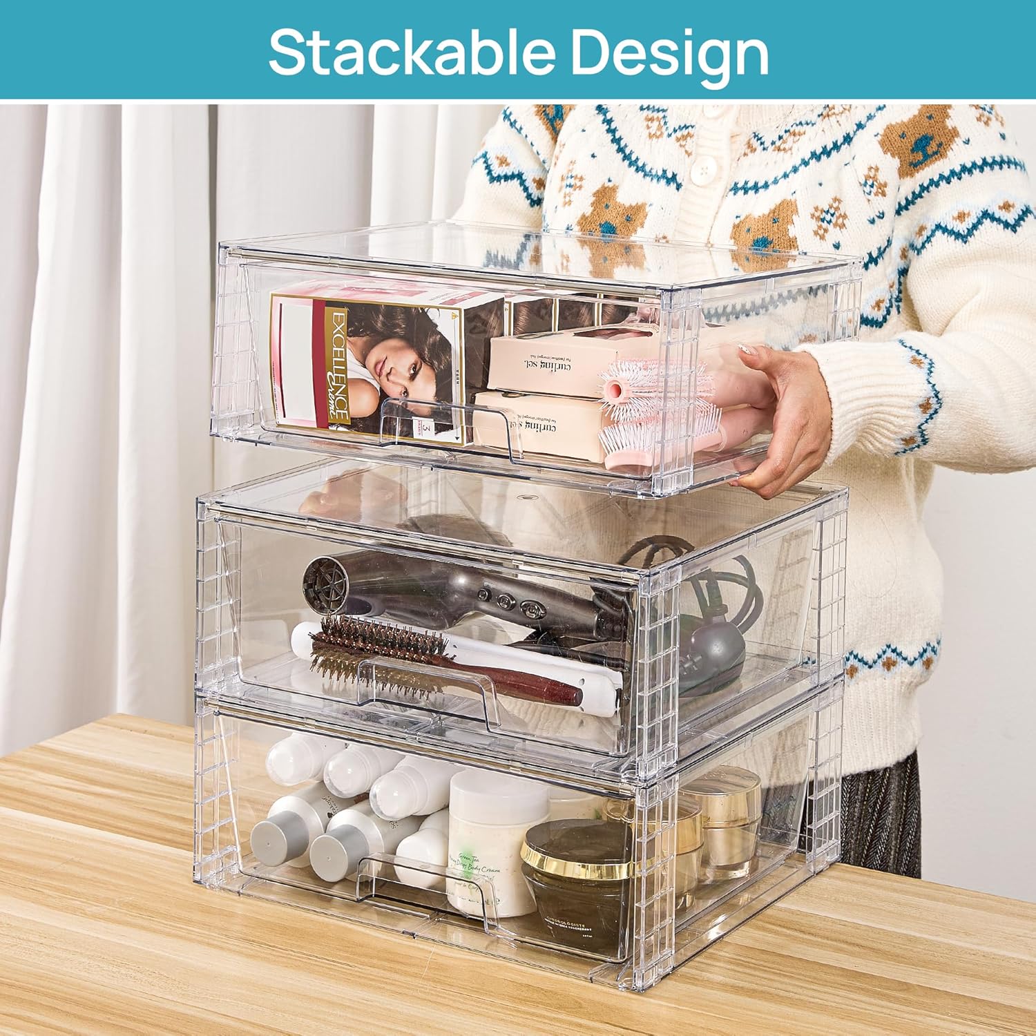 Vtopmart 6 Pack Large Stackable Storage Drawers,Easily Assemble Acrylic Bathroom Closet Undersink