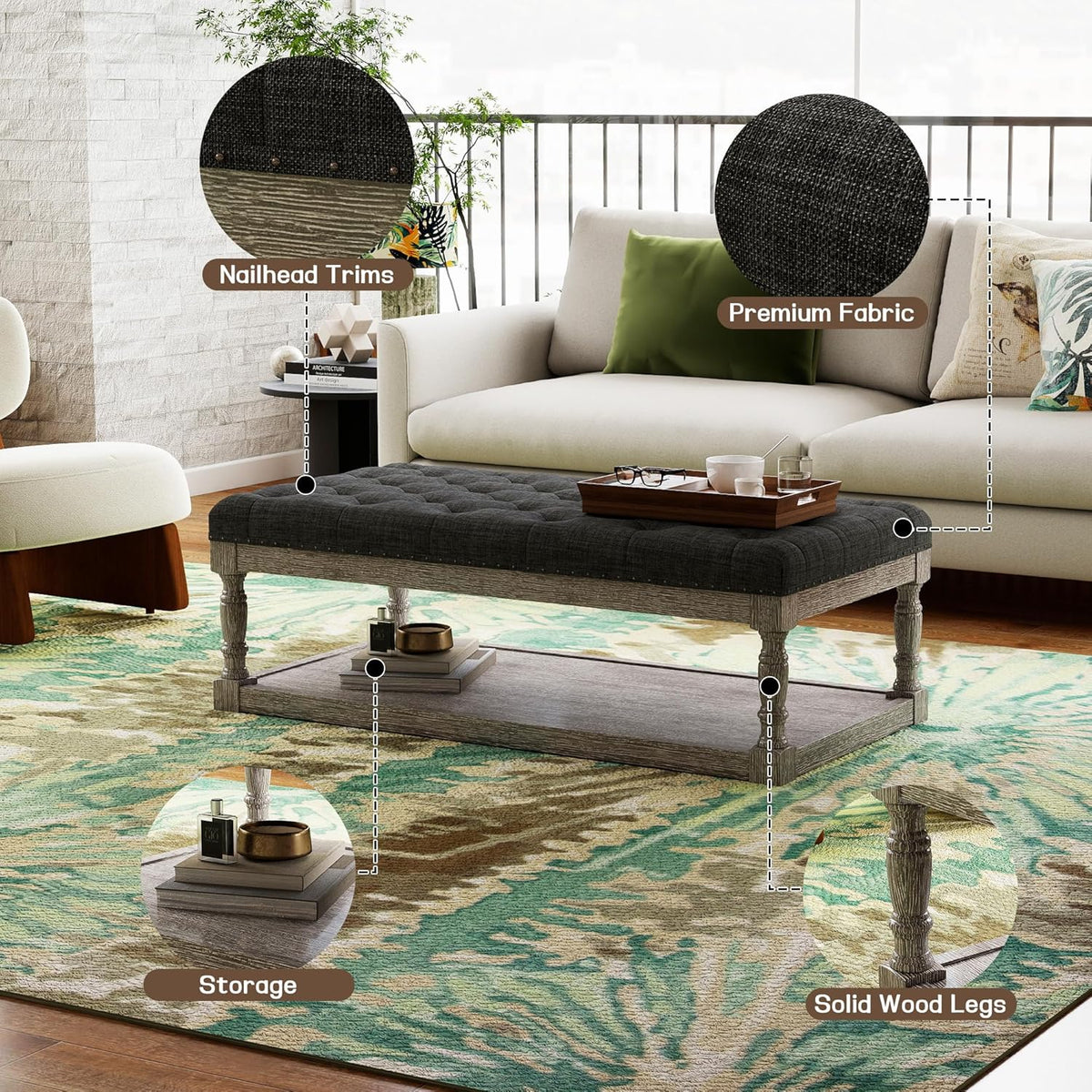 48" Large Ottoman with Storage Coffee Table, Upholstered Tufted Linen Ottoman Bench with Solid Wood