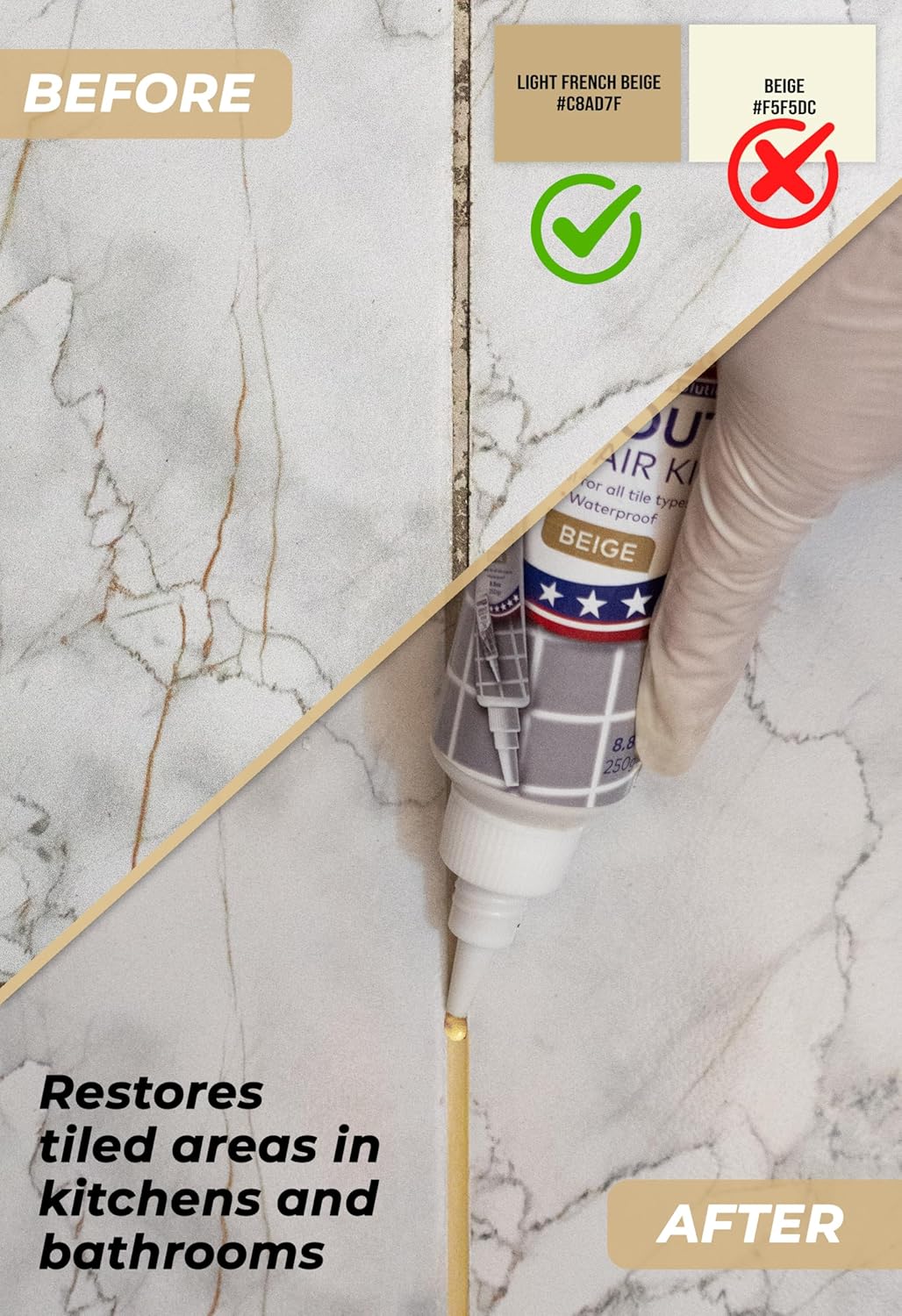 Tile Grout Repair Kit, Beige 8.8 oz/250gr. Fast Drying Grout Filler Tube Repair Kit, Grout Sealer