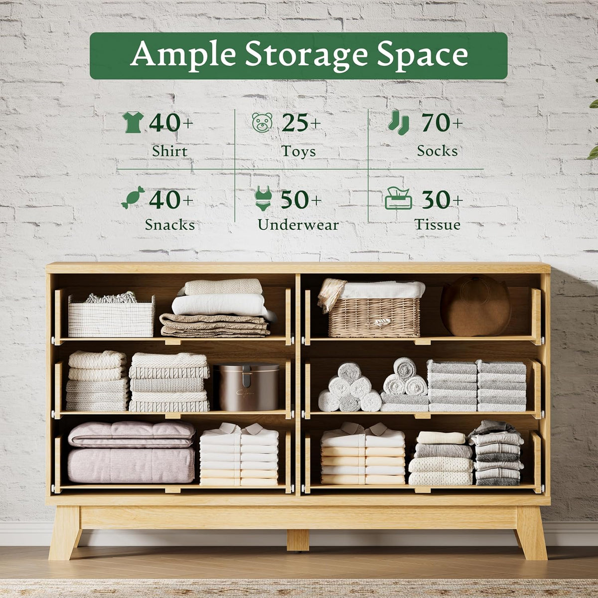 Fluted Dresser with 6 Drawers, 54" Wide Modern Chest of Drawers with Metal Handle, Wooden Dresser