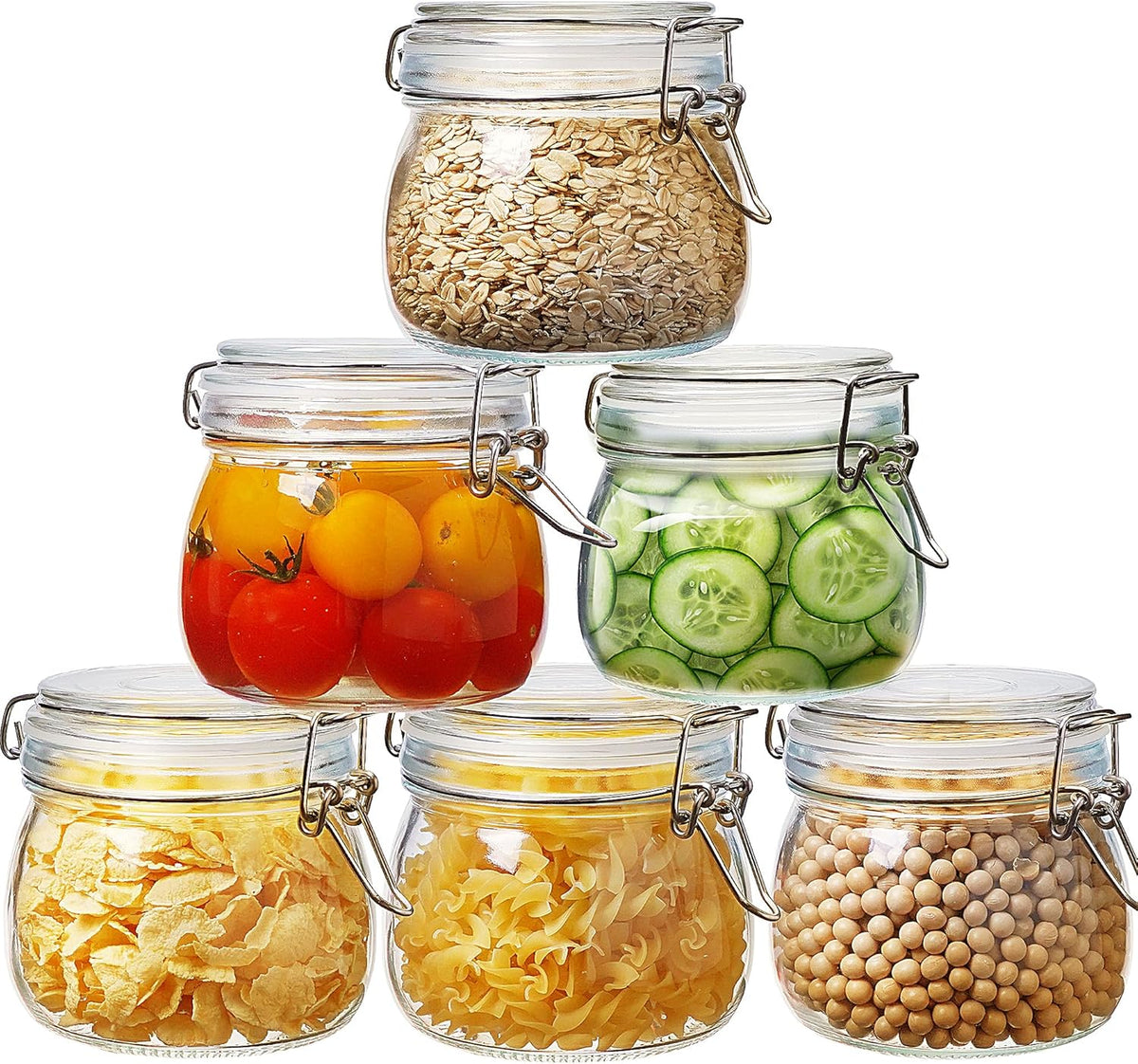 Glass Jars with Airtight Lid Set of 6, 17 floz Wide Mouth Mason Jars with Clamp Lids,Glass Sealed