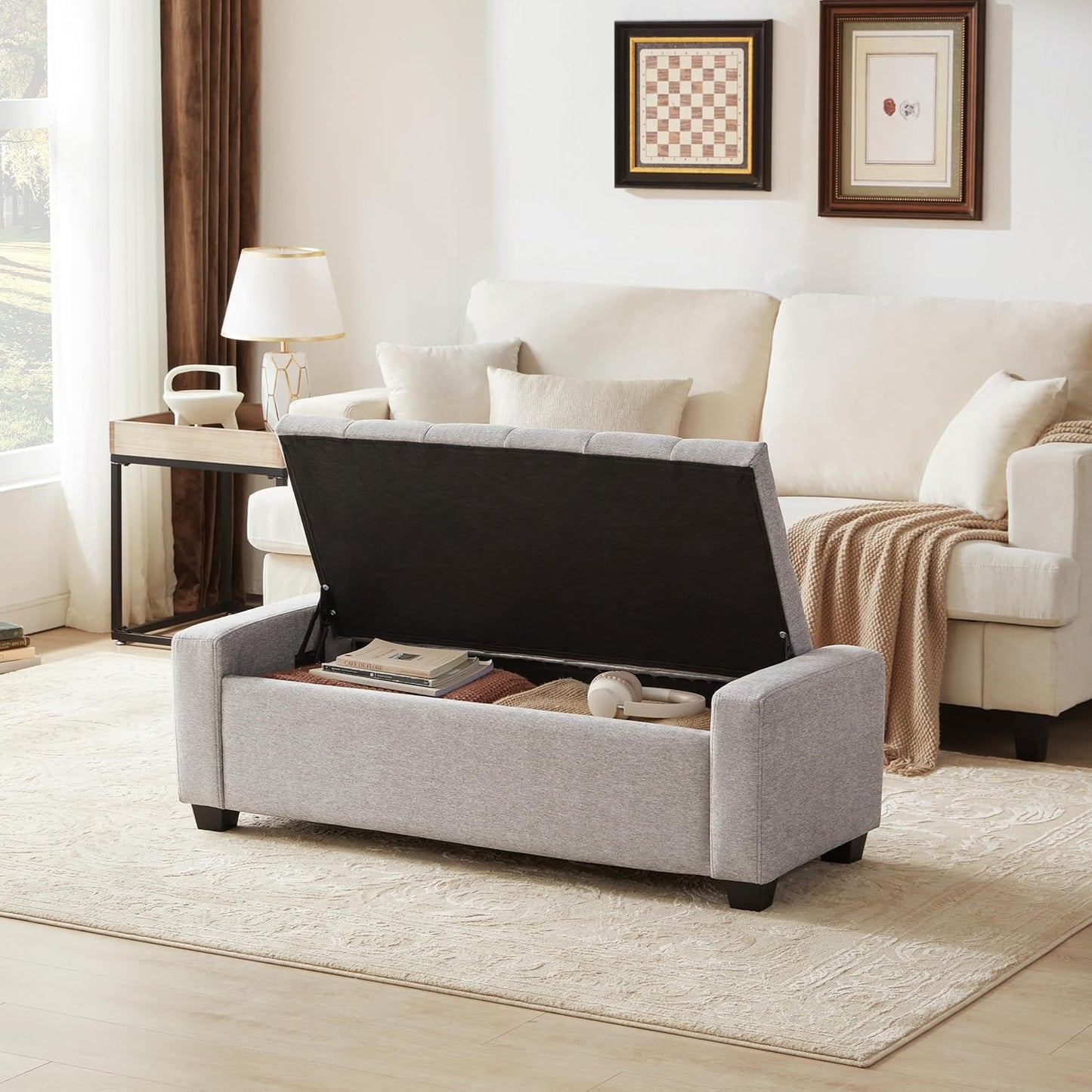 48" Ottoman with Storage, Storage Ottoman Bench with Safety Hinge, Upholstered Entryway Bench with
