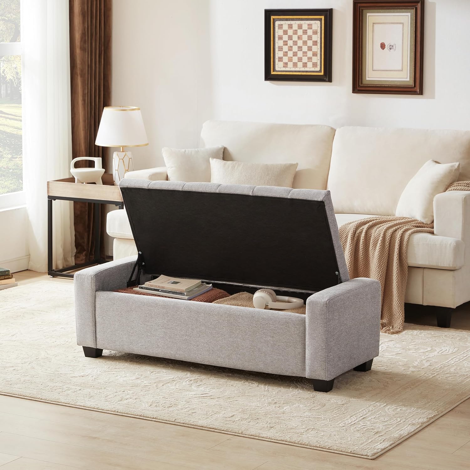 48" Ottoman with Storage, Storage Ottoman Bench with Safety Hinge, Upholstered Entryway Bench with