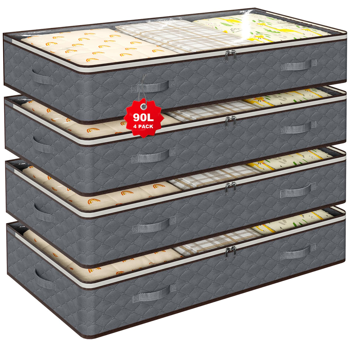 90L Under Bed Storage Containers,4-Pack Closet Organizer Storage Bins ,Grey