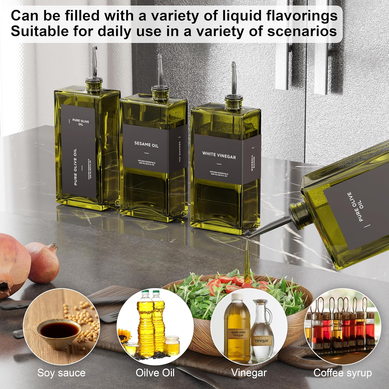 Olive Oil Dispenser for Kitchen, 16.9 oz/ 500 ml Olive Oil Dispenser Bottle, Glass Oil Bottles for