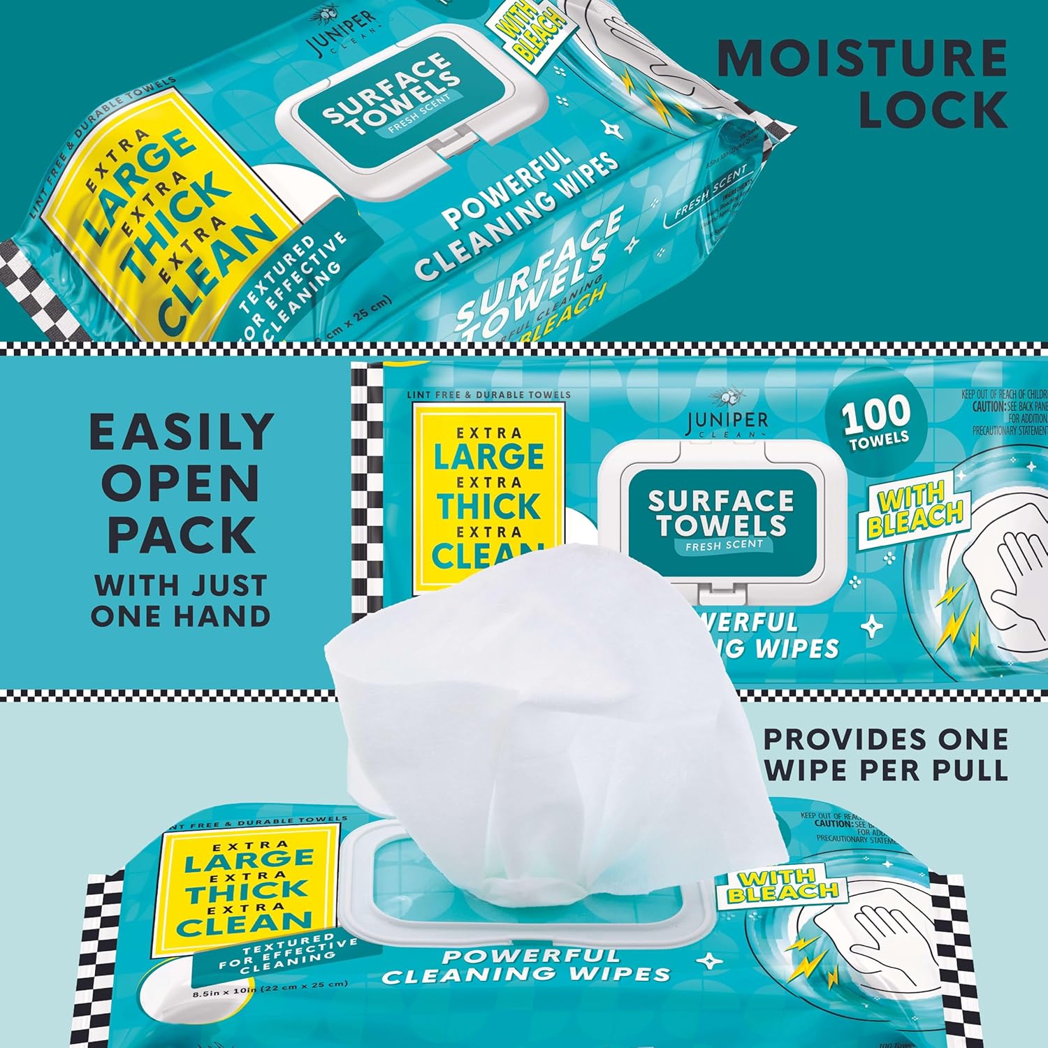 3 Packs Surface Wipes with Bleach, Thick & Large Dispose, All-Purpose Cleaner for Bathroom