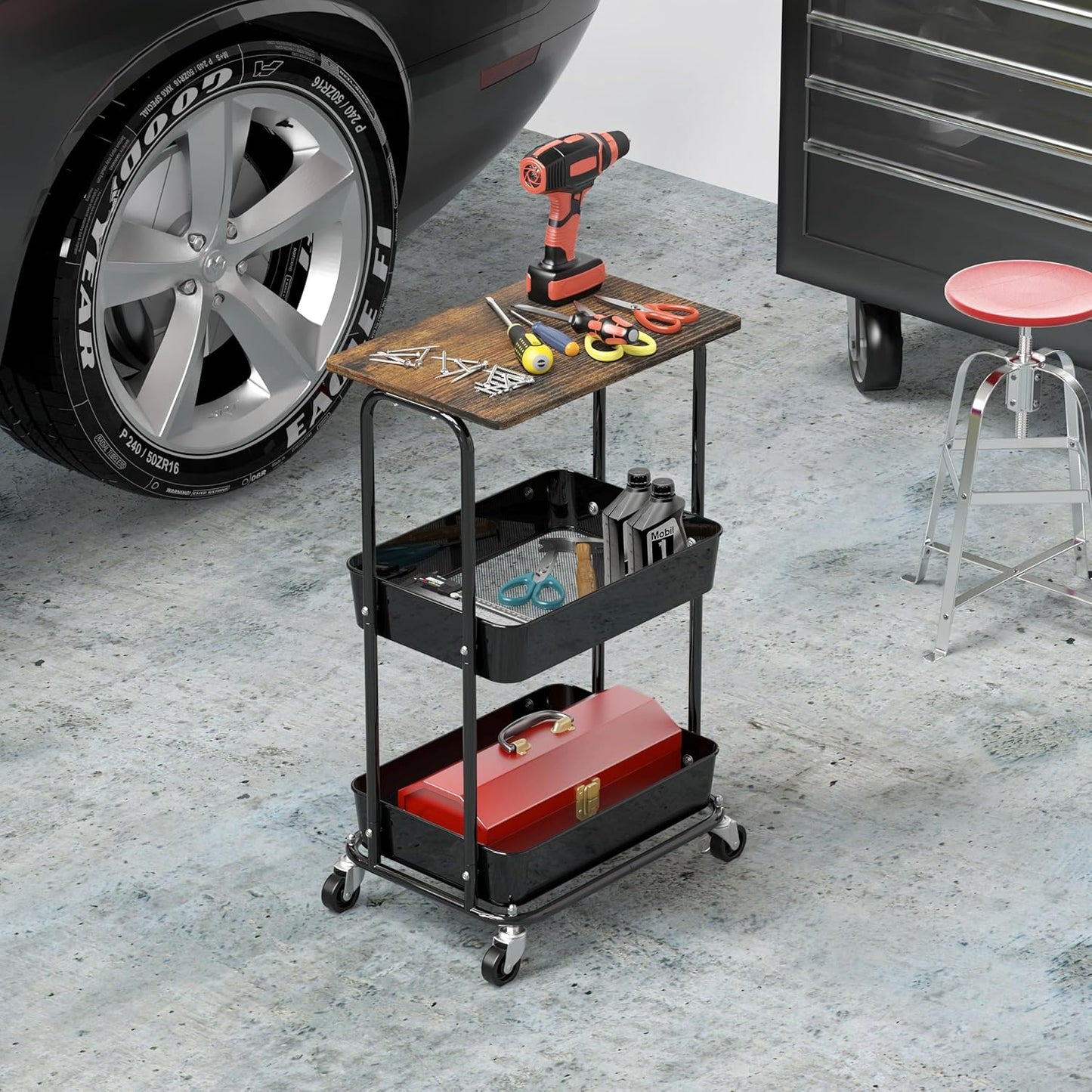 Simple Houseware 2-Tier Rolling Utility Cart with Lockable Wheels and Wood Top, Metal Storage