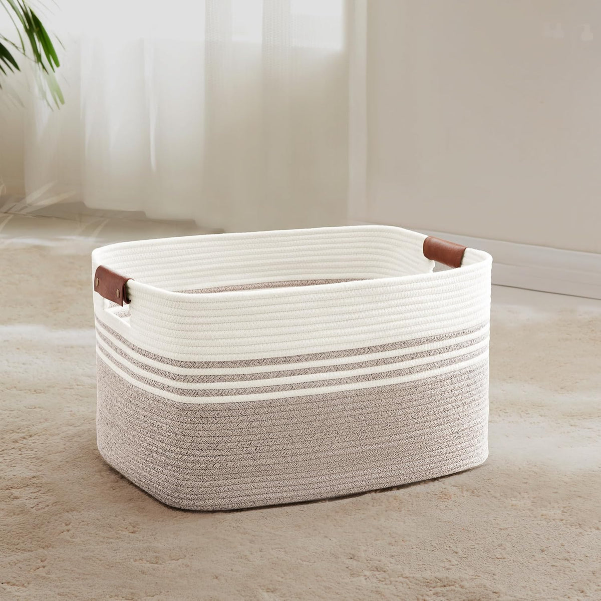 45L Small Laundry Basket with Leather Handles for Living Room Storage, Woven Rope Baskets Bin for
