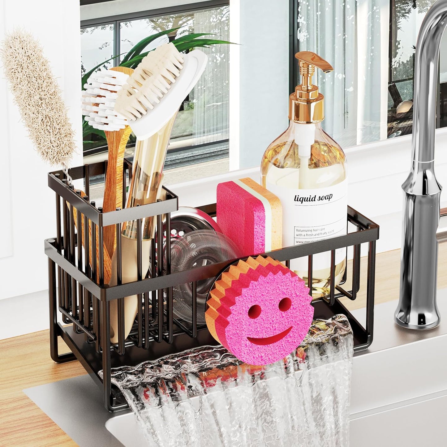 Sponge Holder for Kitchen Sink,Smiley Face Sink Caddy with Removable Brush Holder,Self-Draining