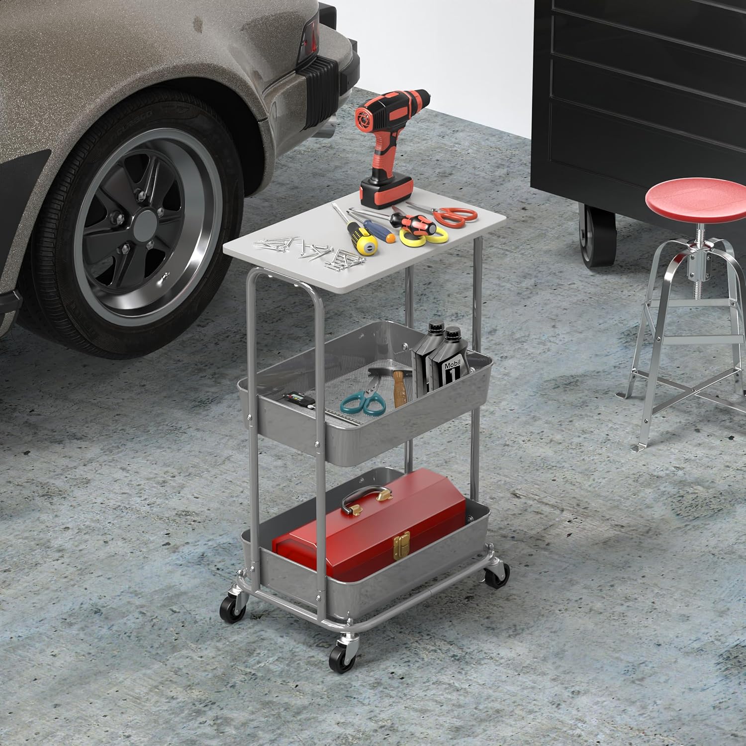 Simple Houseware 2-Tier Rolling Utility Cart with Lockable Wheels and Wood Top, Metal Storage