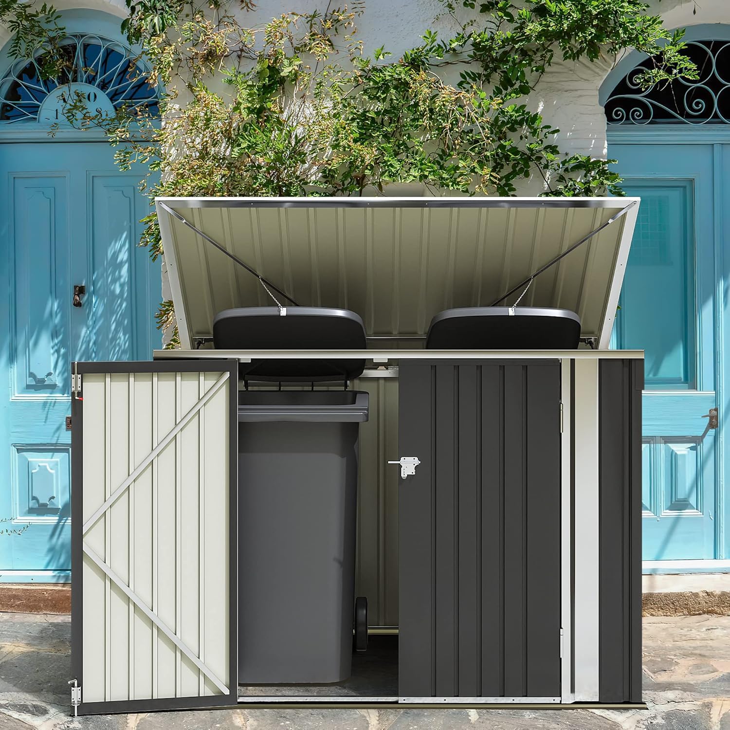 Greesum 5.8x3.3 FT Outdoor Storage Shed Metal Garbage Shed with Lid Chain Hydraulic Gas Rod for
