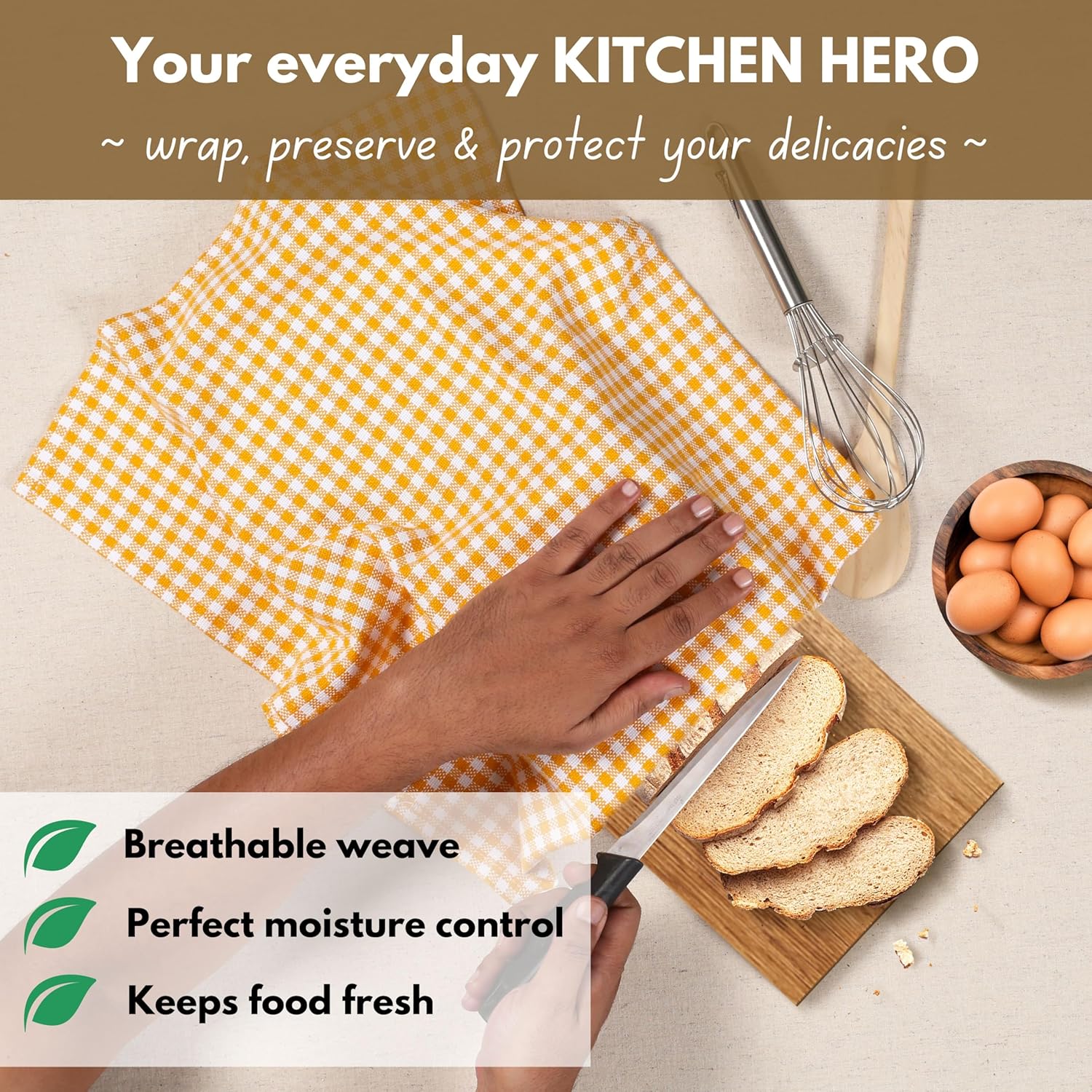 Native Fab 4 Pack Yellow Gingham Cotton Dish Towels 16"x26" - Absorbent Kitchen Linen Towels with