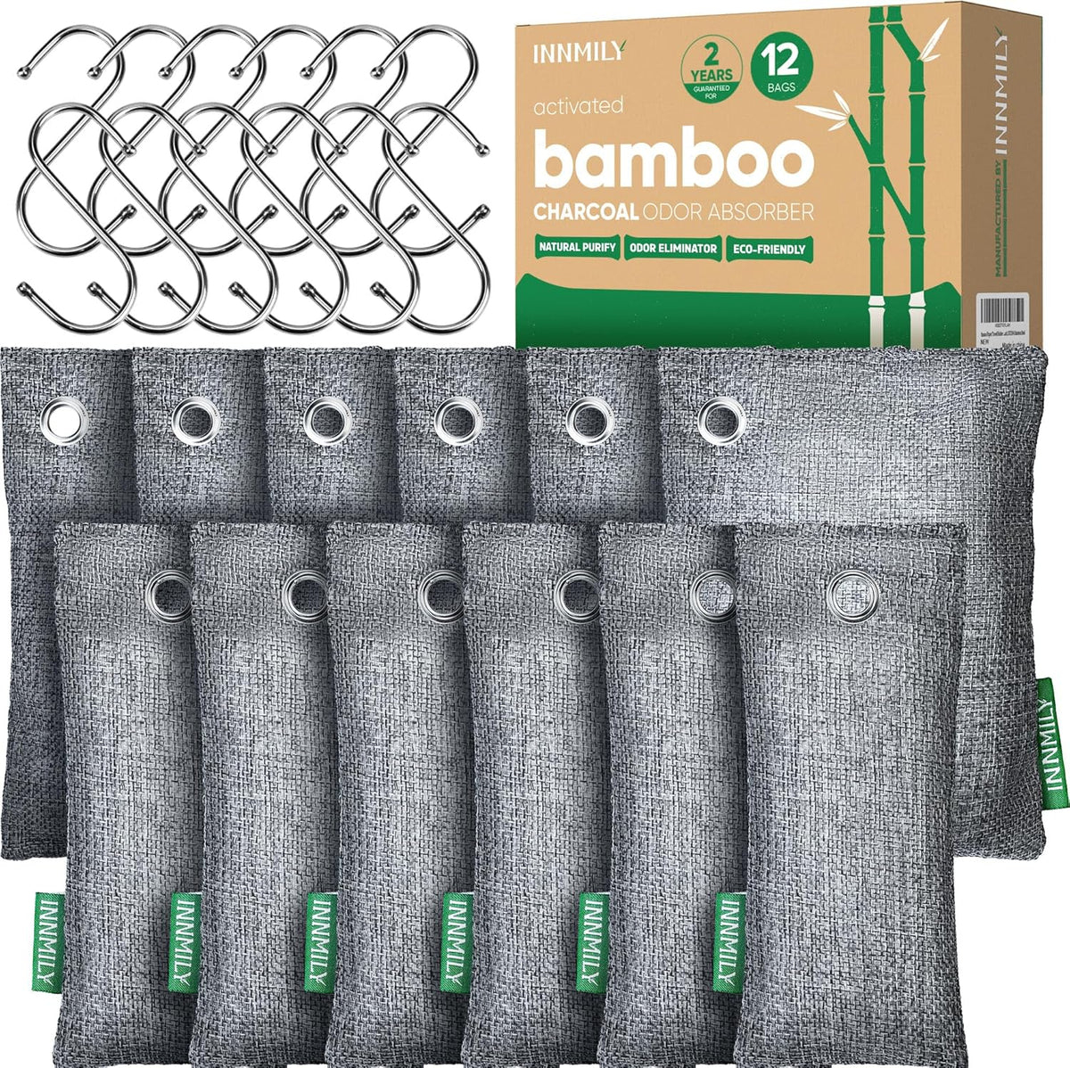 Activated Charcoal Odor Absorber,Large 12 Pack w Hooks Nature Odor Eliminator for Strong Odor