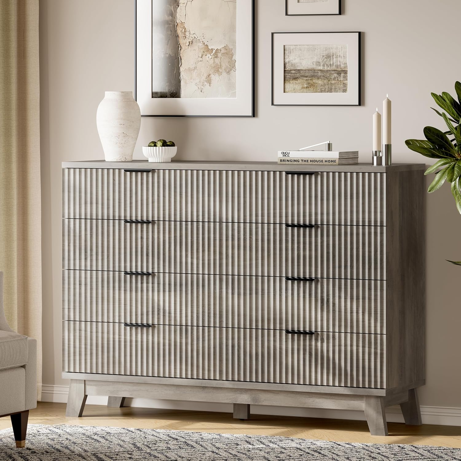 Fluted Dresser with 8 Drawers, 54" Wide Wood Chest of Drawers with Metal Handle, Wooden Dresser TV